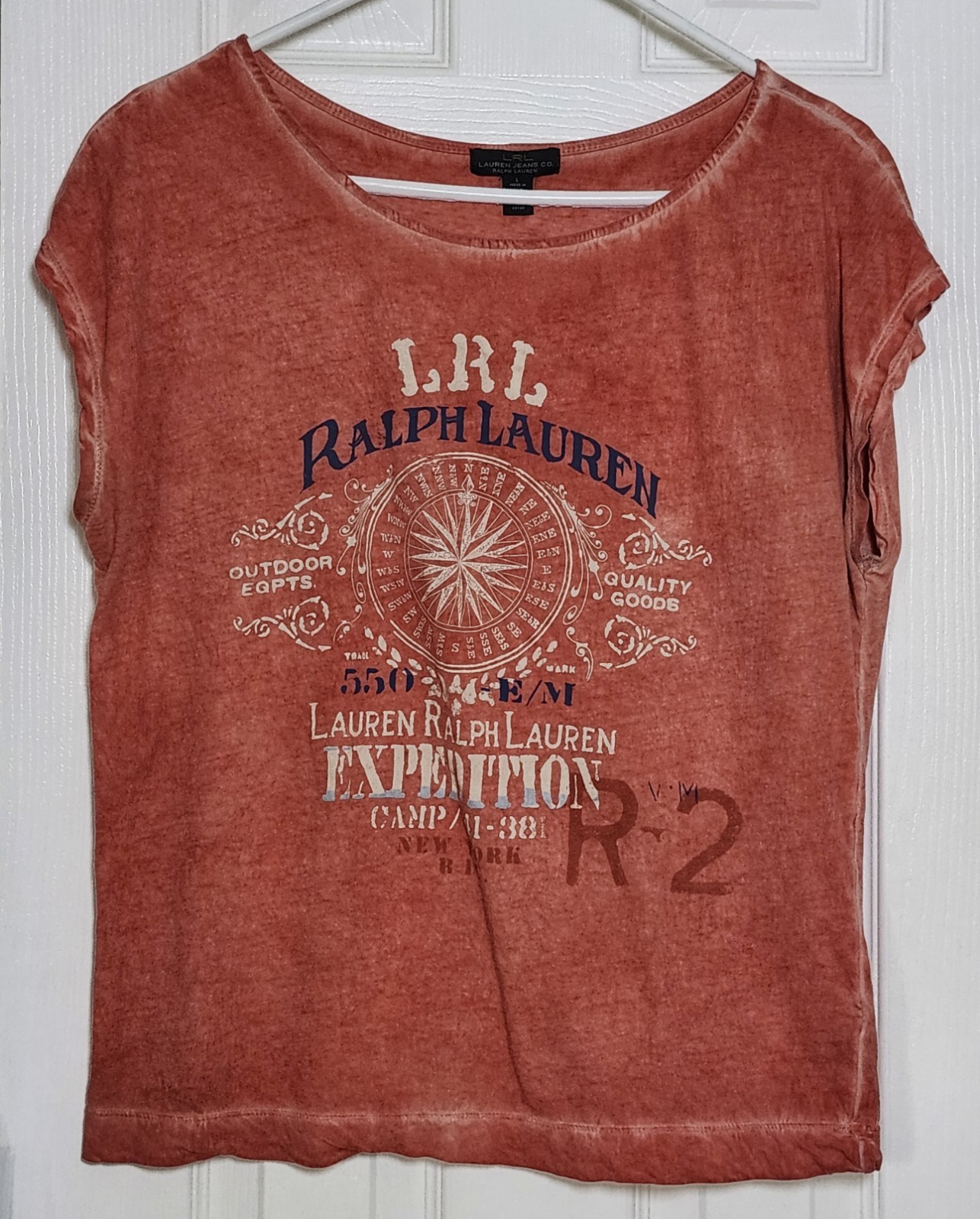 LRL Lauren Jeans Womens Coral Graphic Camp New York Compass Preppy Tee Size L