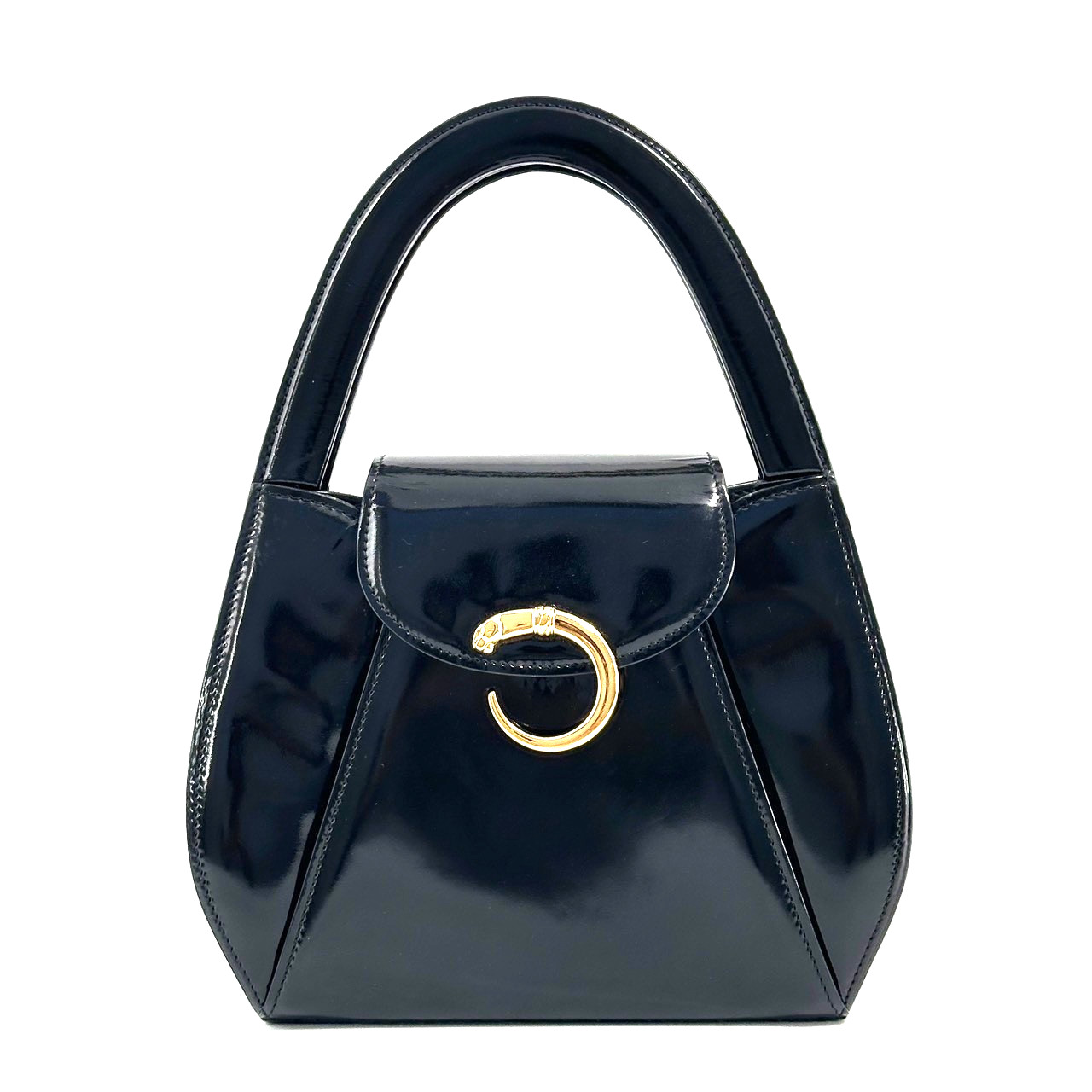 Cartier Panthere Hand Bag Patent Leather Black Gold Buckle Authentic