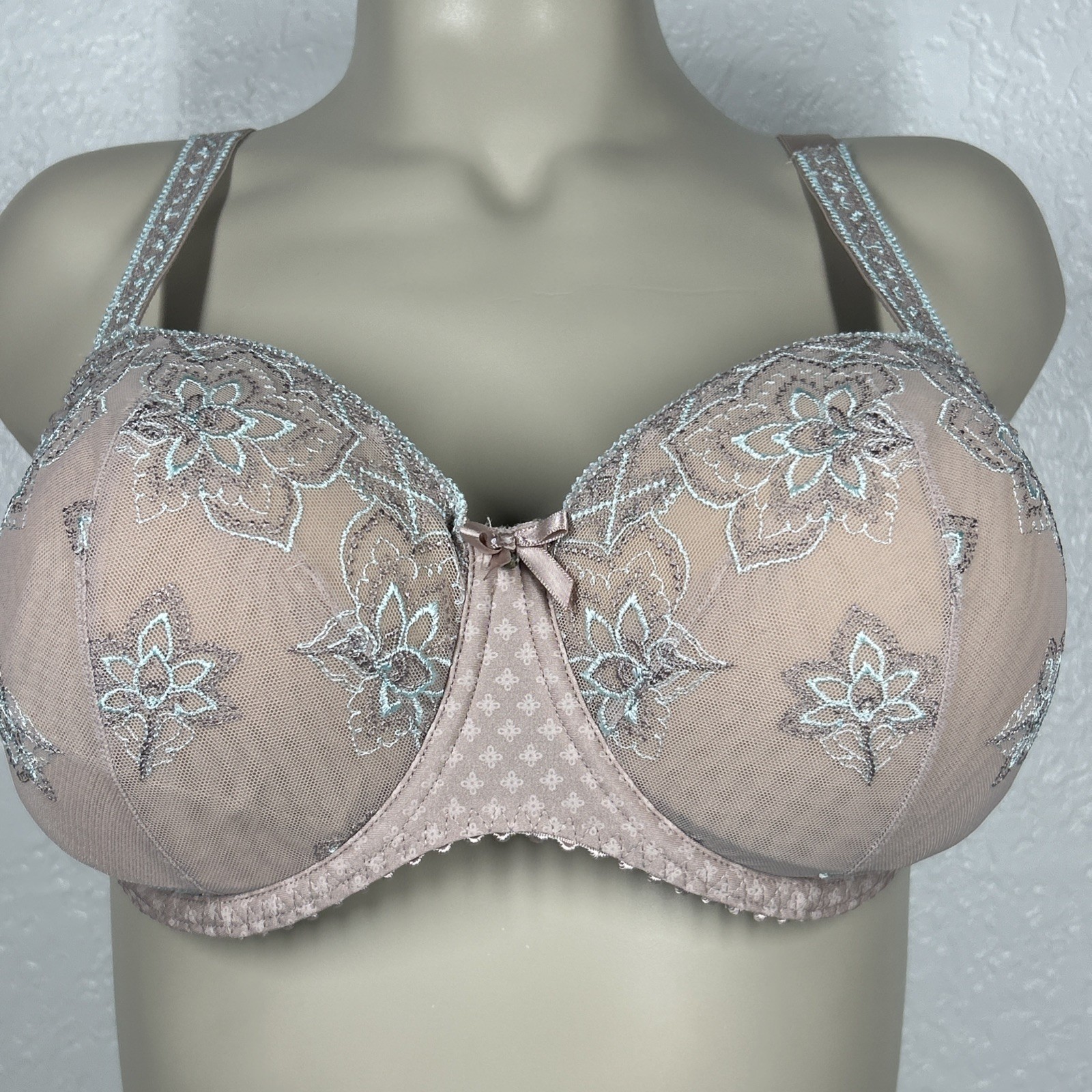 Prima Donna Lotus Side Support Wire Bra Unpadded UK 42D Lace Bows Green Beige