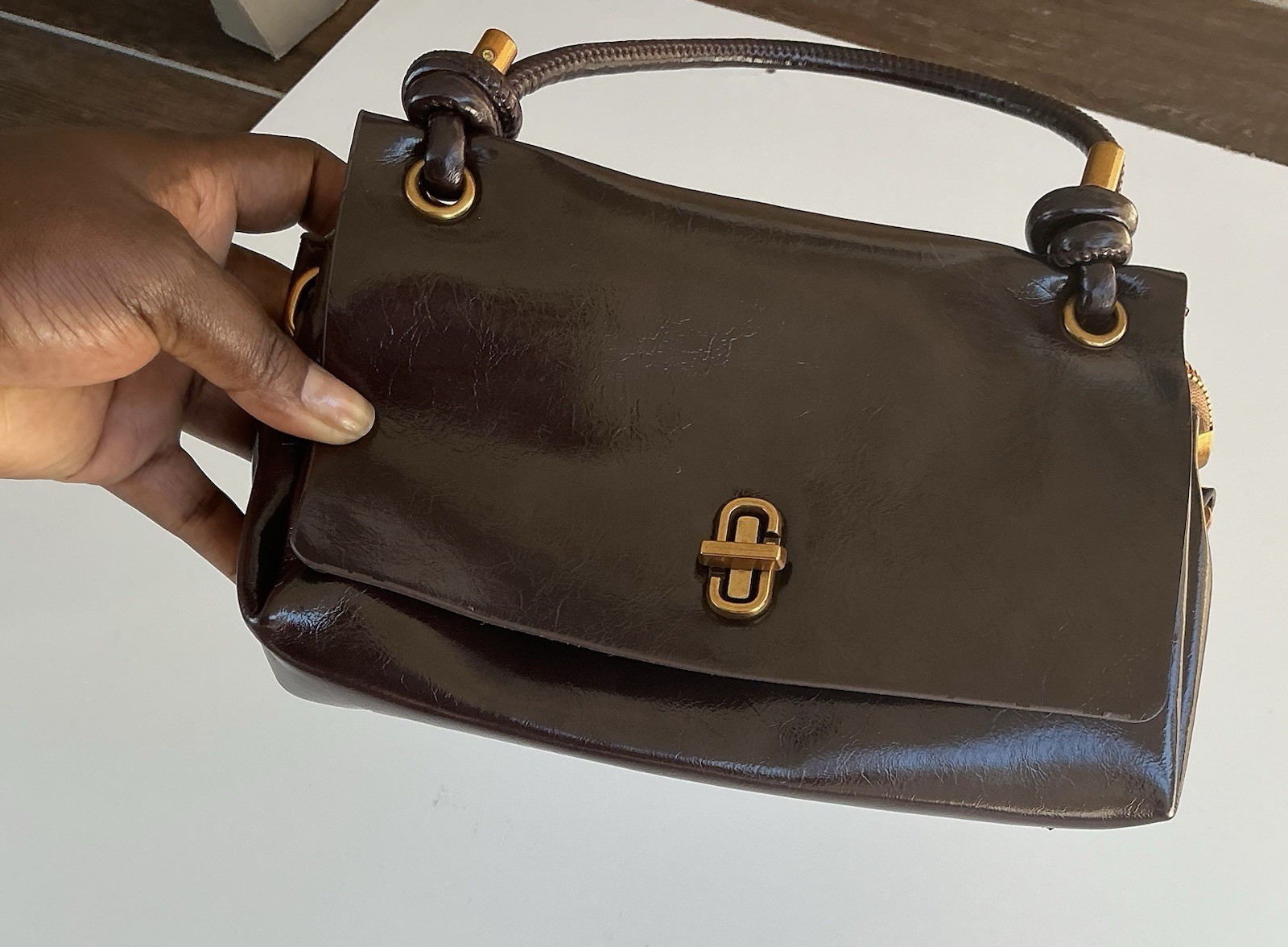 Brown Top Handle Bag w/ Turn Lock & Zip, Gold Hardware, Lined Inner Pockets