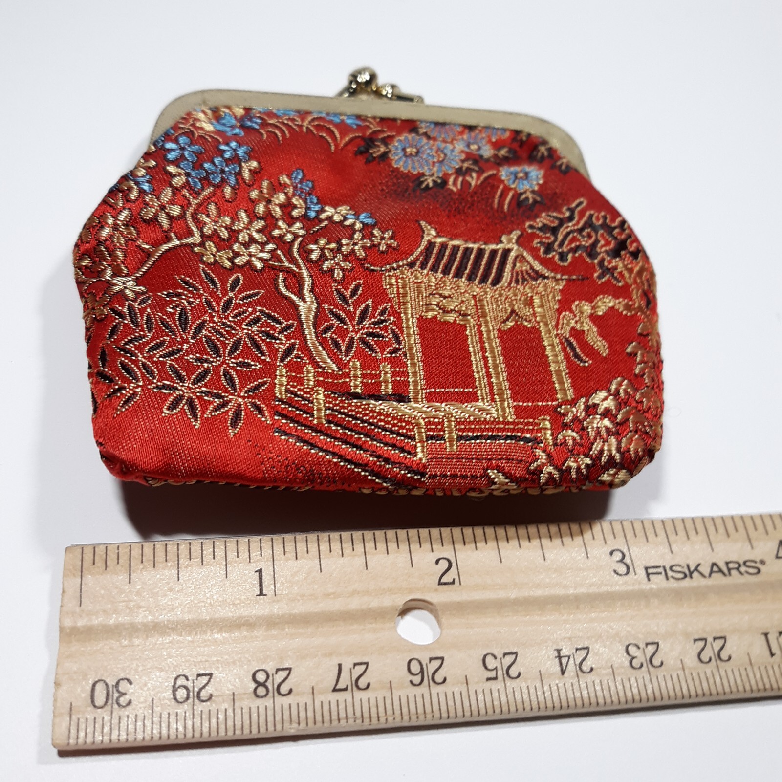VINTAGE COSMETIC PURSE ACCESSORY SET RED SILK ORIENTAL PRINT + Lipstick Holder