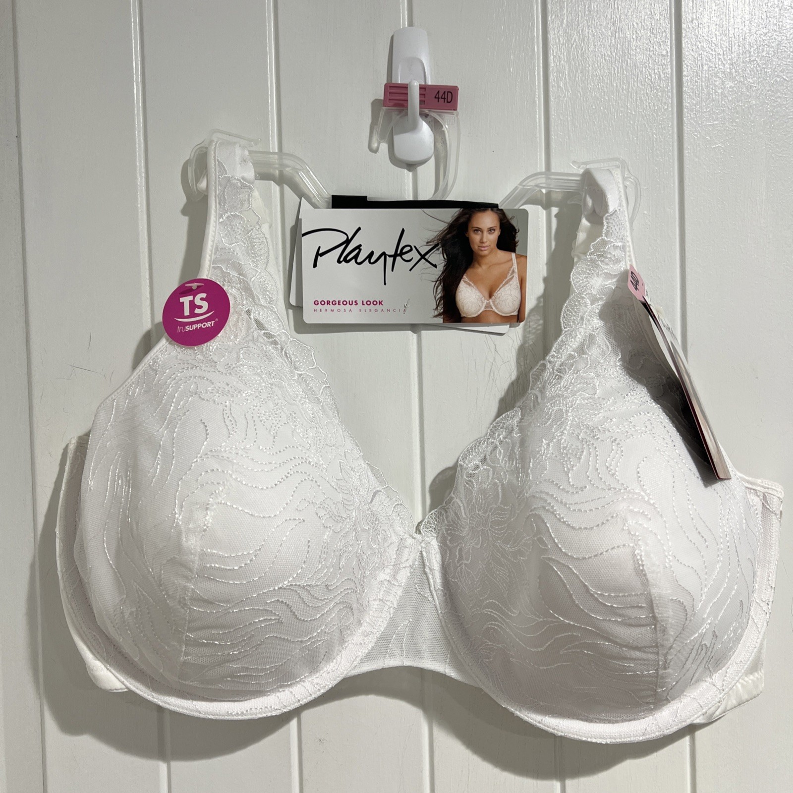Playtex Gorgeous Lace Embroidered Underwire Support Bra White Style 7576 Sz 44D