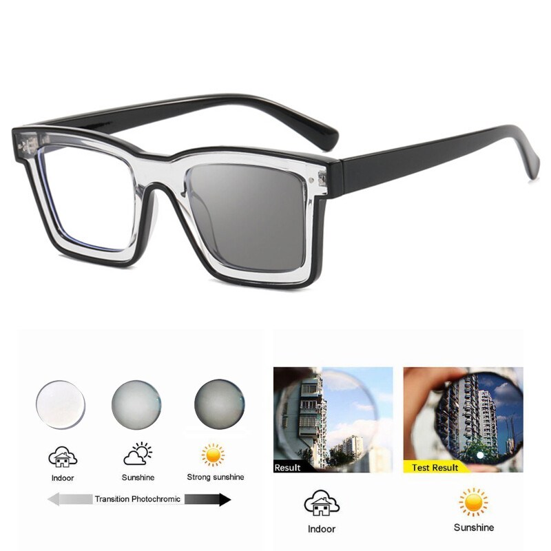 Men Women Square Photochromic Reading Glasses Shade Gray Lens Sunglasses Readers