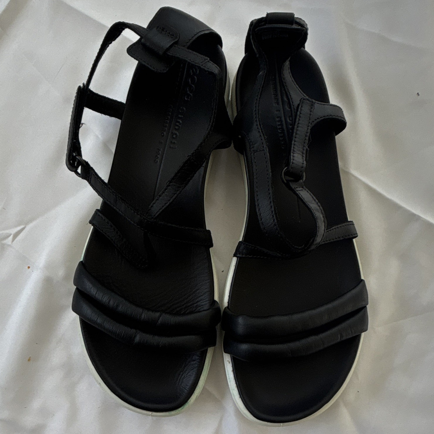 ECCO Black/White Leather Strappy Sandals Hook & Loop Logo Accents Women’s US 9