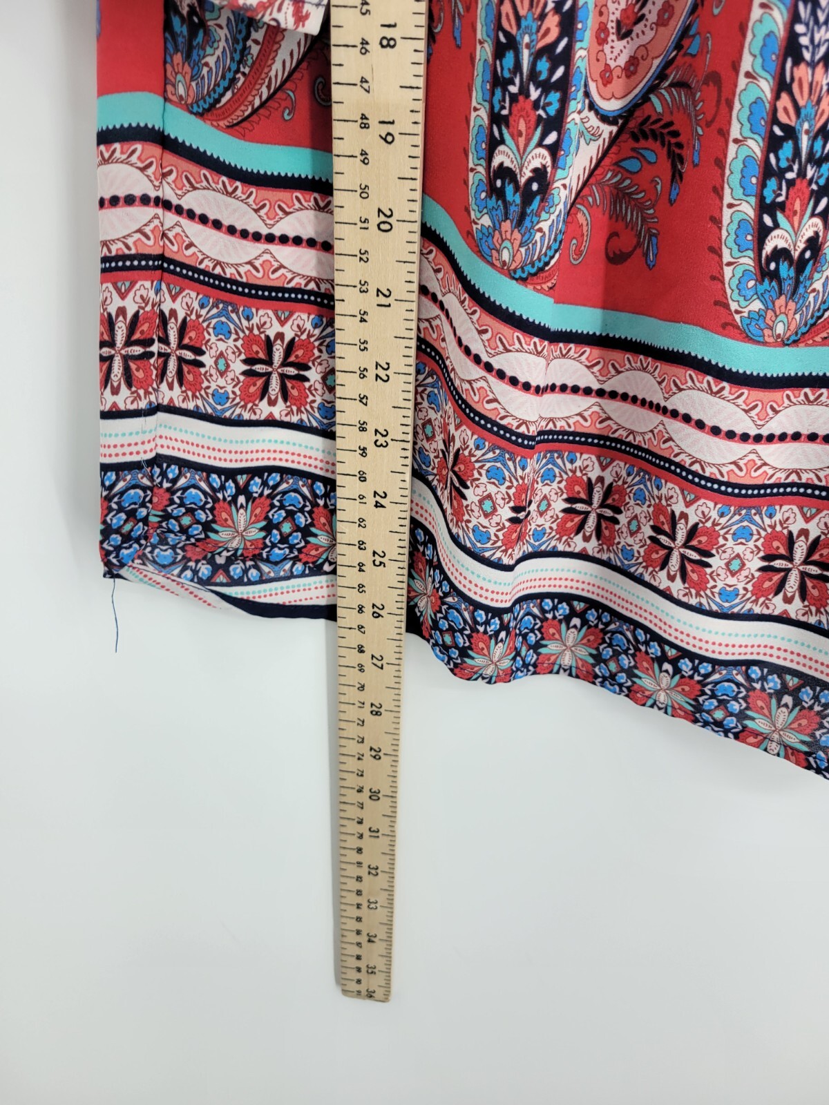 Fig and Flower Top Womens Medium Red White Blue Boho Print Bell Sleeve Popover