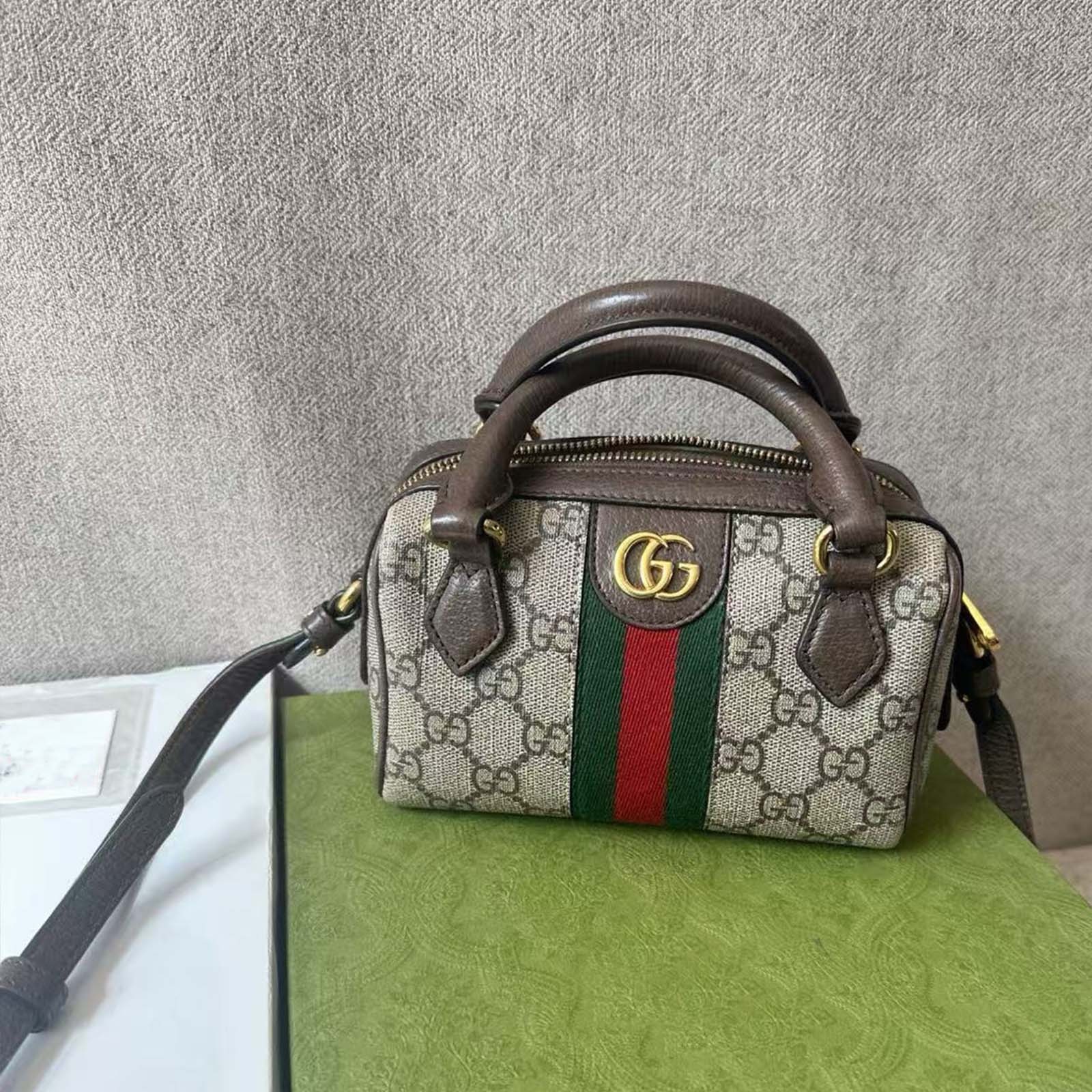 GUCCI Ophidia Mini Boston Beige/Ebony GG Canvas Top Handle Bag hot sale Auth