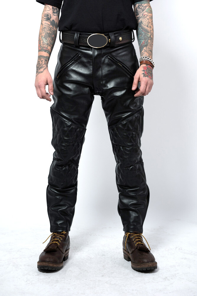 Men’s Real Leather Bikers Pants With Quilted Panels Bikers Leather BLUF Pants