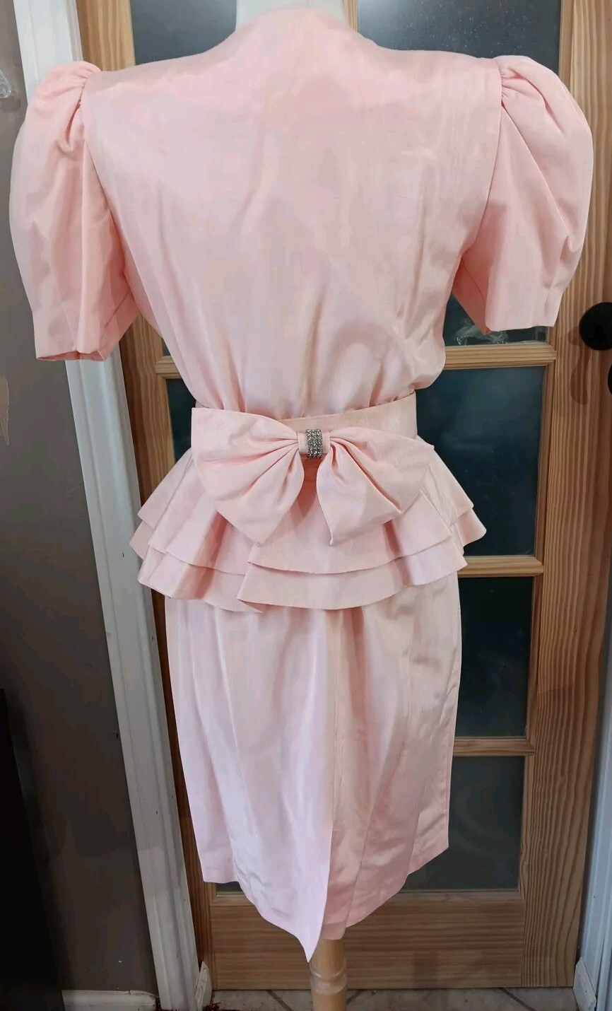 Vintage 80s Skirt Set Pretty In Pink Peplum Belt Bow Puff Sleeve Pantagis Sz 12P