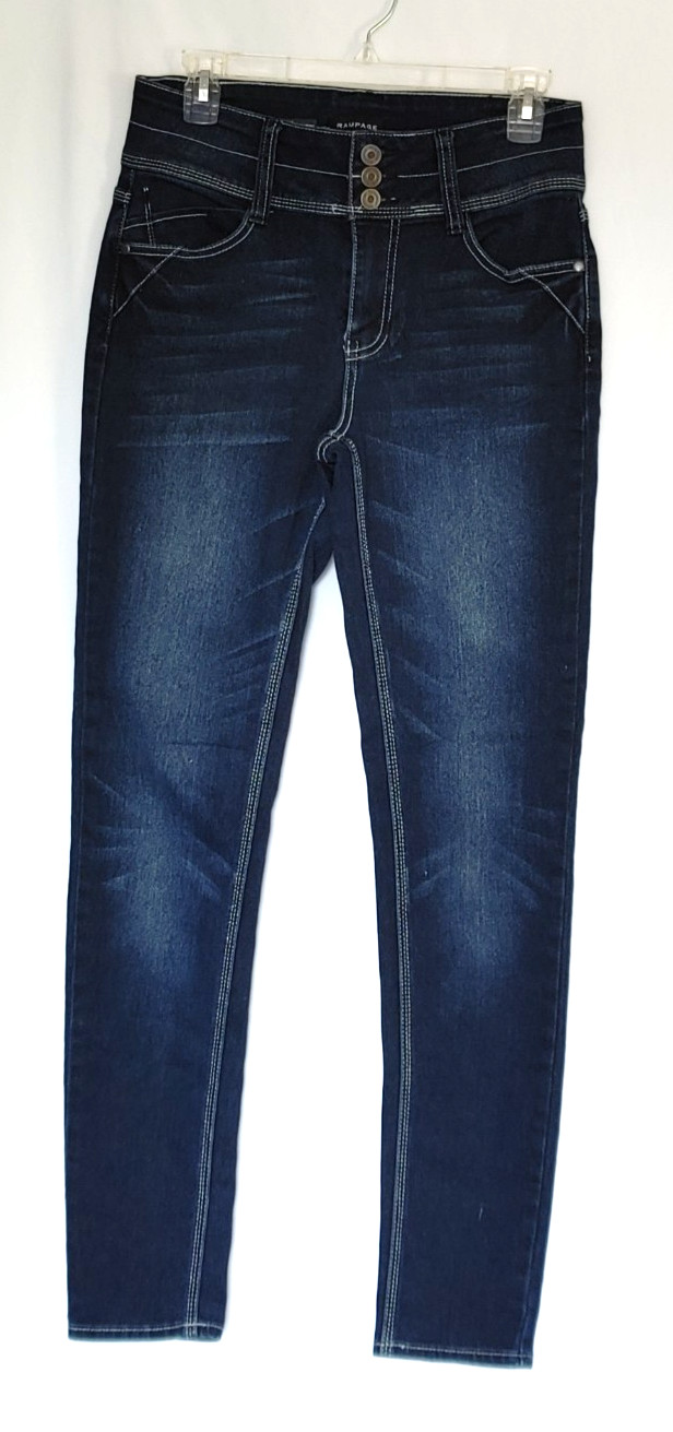 RAMPAGE “WES” Ladies 9 Skinny Stretch High Rise Jeans Dark Blue White Stitch EUC