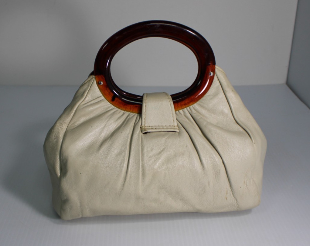 Vintage Andé Cream Slouchy Genuine Leather Handbag Lucite Tortoiseshell Handles