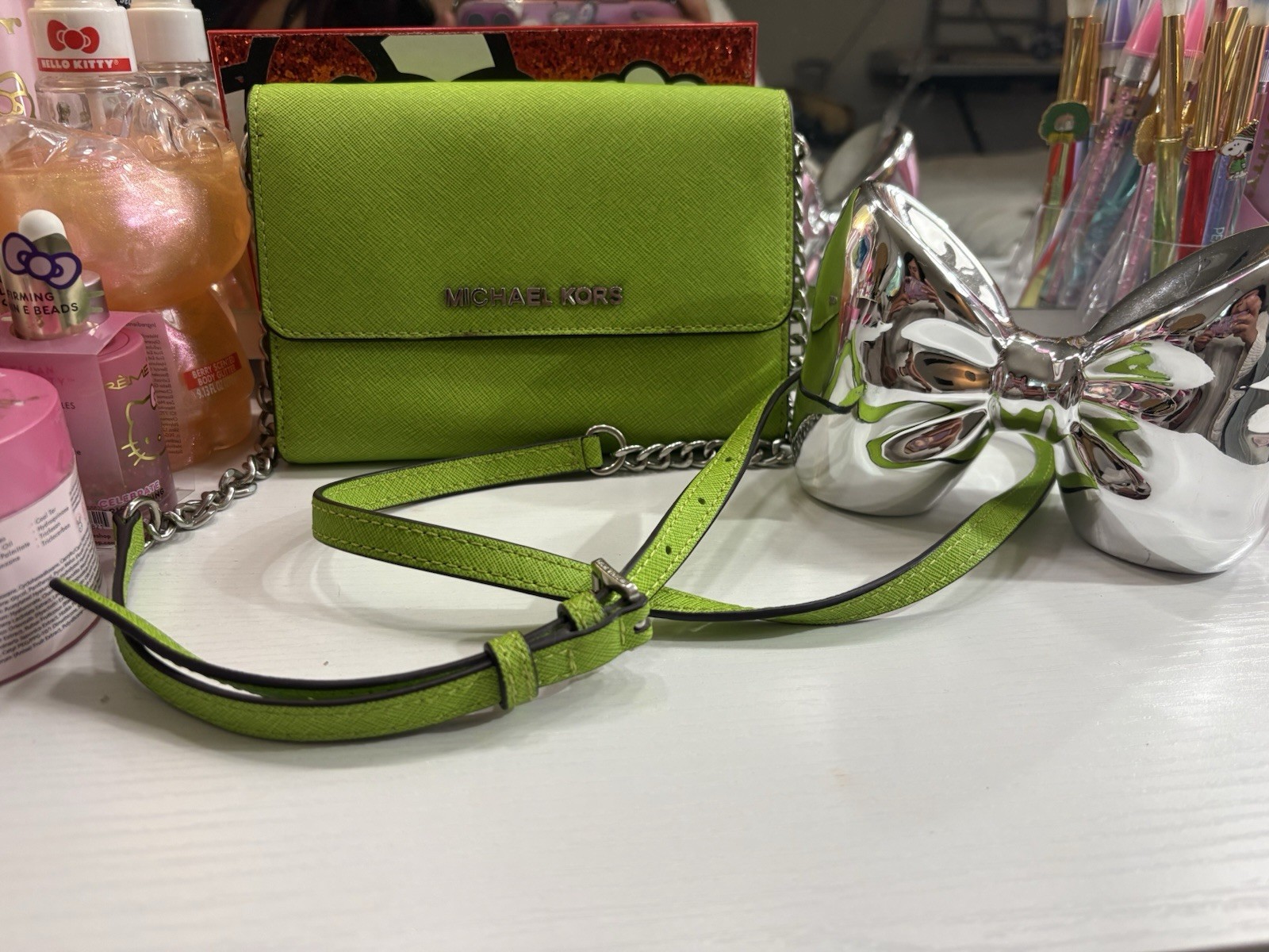 Michael Kors Green Small Crossbody Bag Snap Closure Chain Strap Silver Hardware