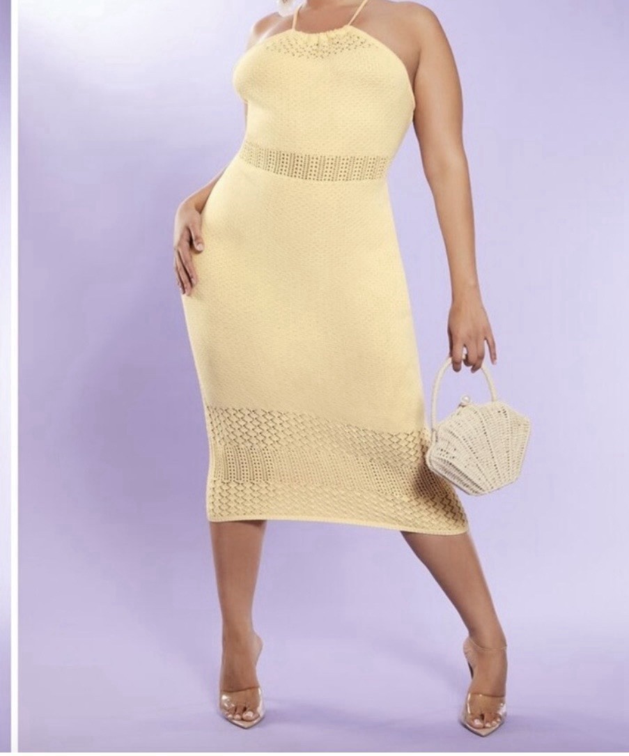 Forever 21 Plus Yellow Crochet Knit Halter Open Back Midi Dress size 0X