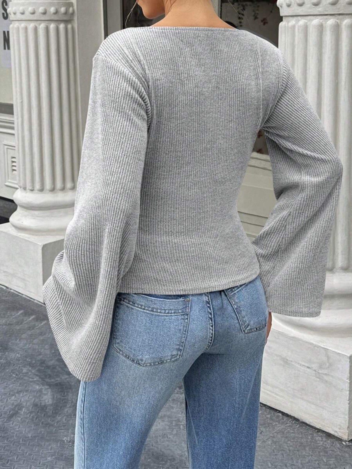 The Pulsar Ribbed & Flared Long Sleeve Top with Ruched Detail