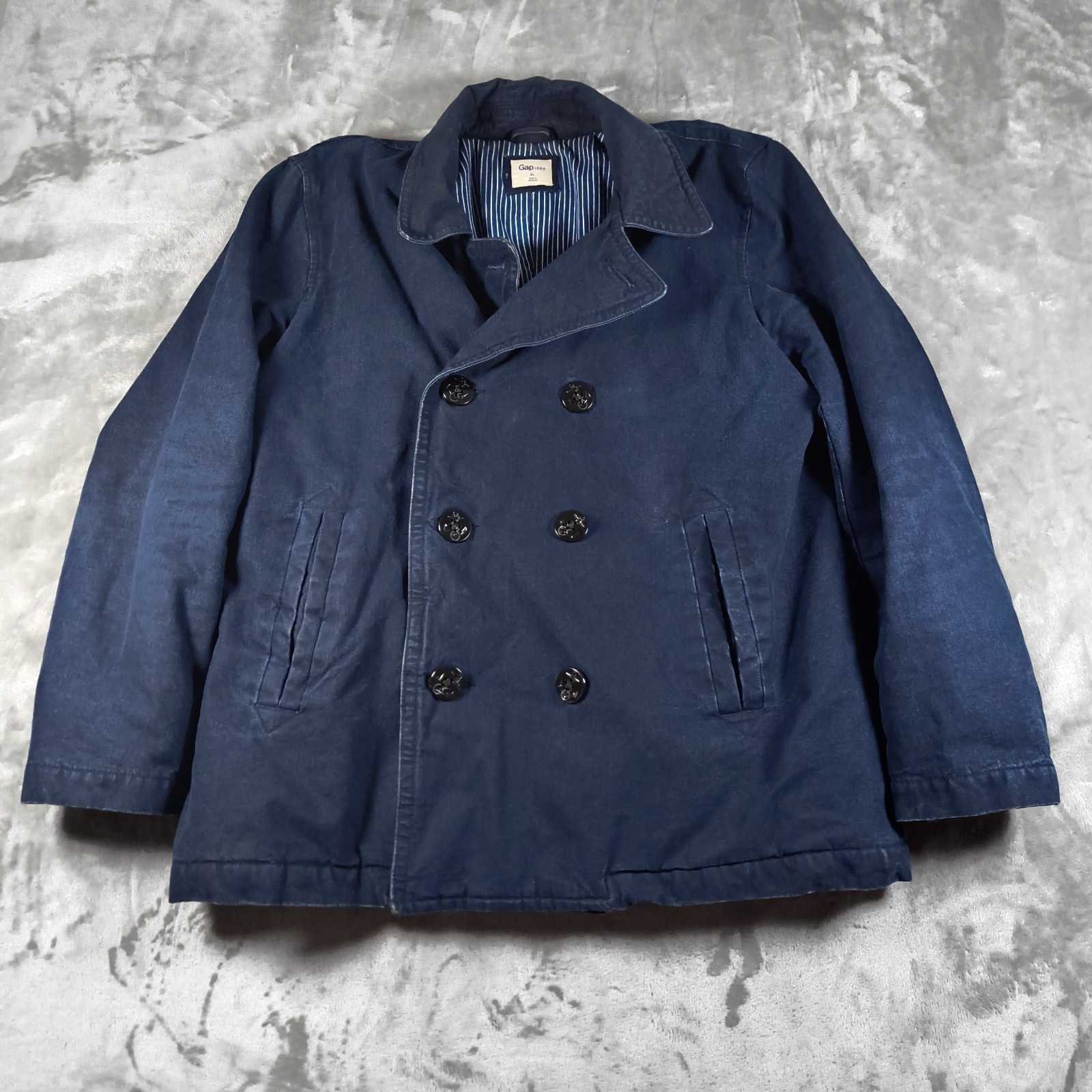 Gap 1969 Peacoat Mens XL Denim Double Breasted Jacket Heavyweight Anchor Button