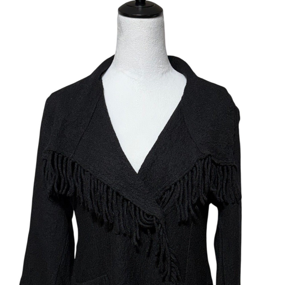 Chicos Jacket Blazer Womens Medium 1 Black 3/4 Sleeve Textured Fringe Western