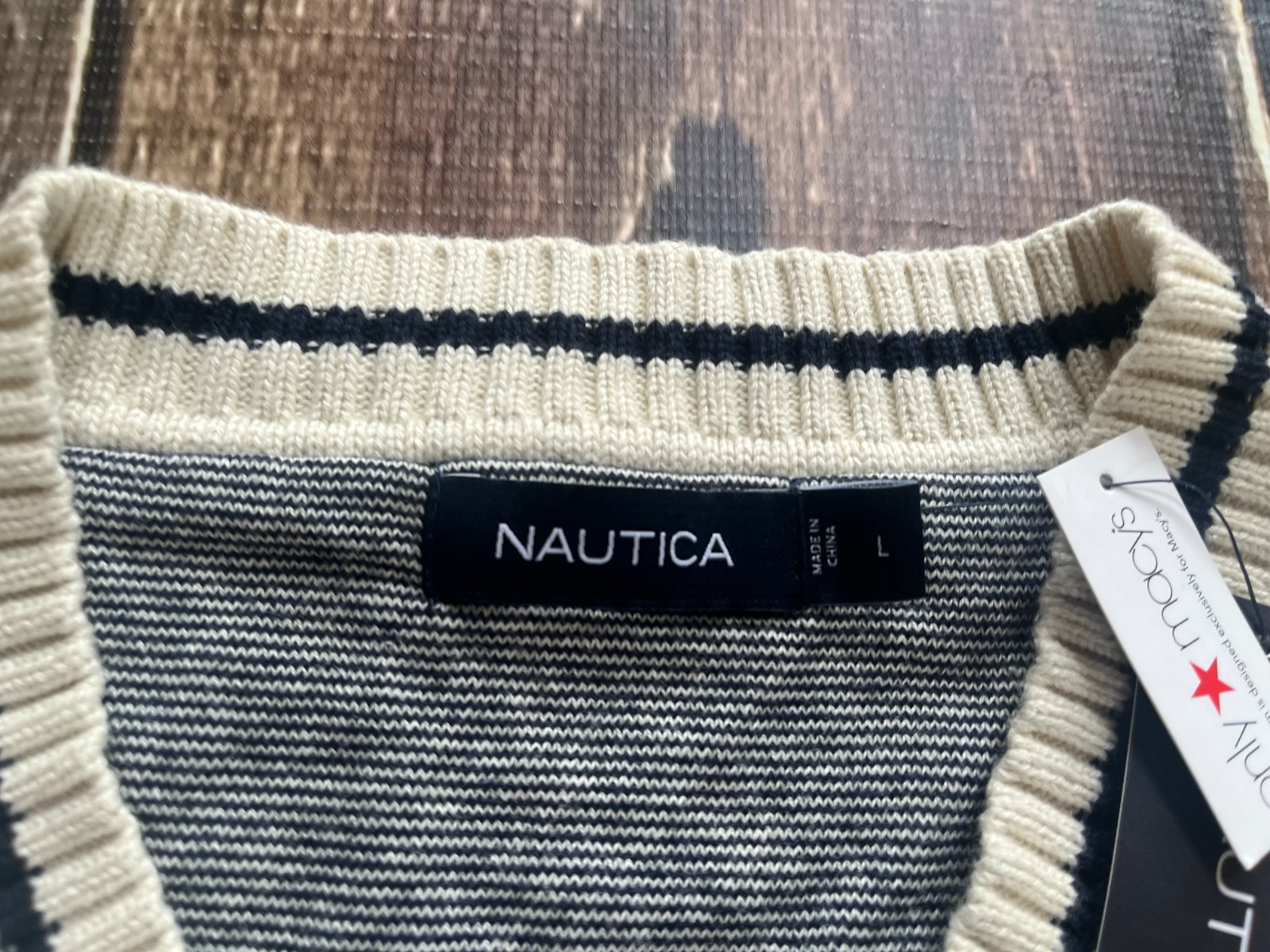 NAUTICA STRIPED V-NECK PULLOVER SWEATER BONE WHITE MENS LARGE NEW $89