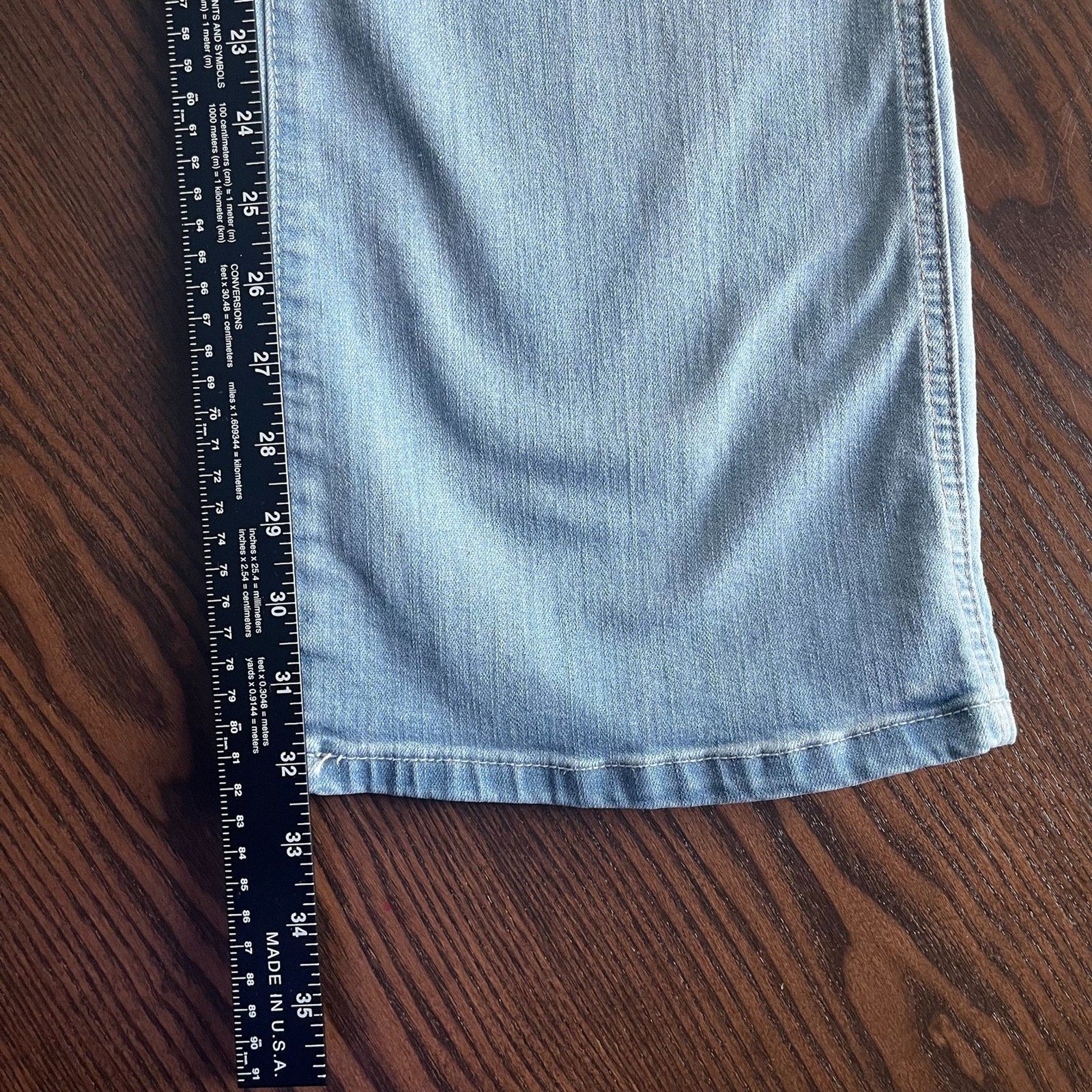 Democracy “Ab”Solution Skyrise Long Flare Jeans Powder Blue Sz 10 Button Pocket