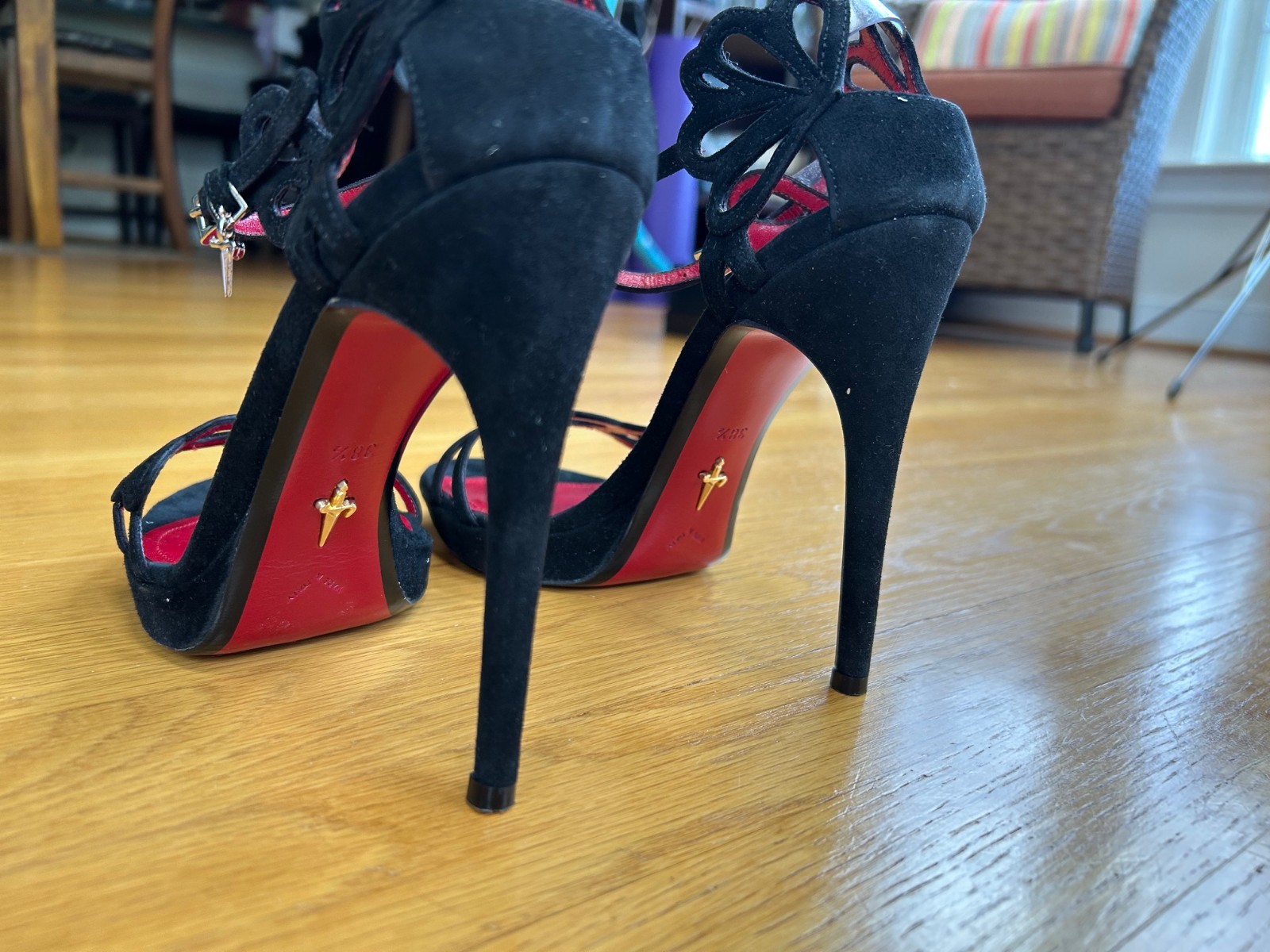CESARE PACIOTTI Black Suede Butterfly Laser-Cut Sandals SZ 8.5 IT 38.5 Good &Box