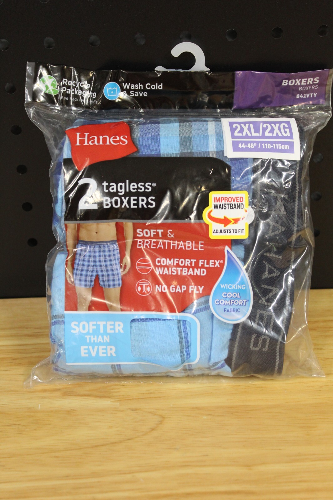 Hanes Men’s 2 Pr Tagless Soft Breathable Wicking Boxers-Blue Plaid-2XL- NIP