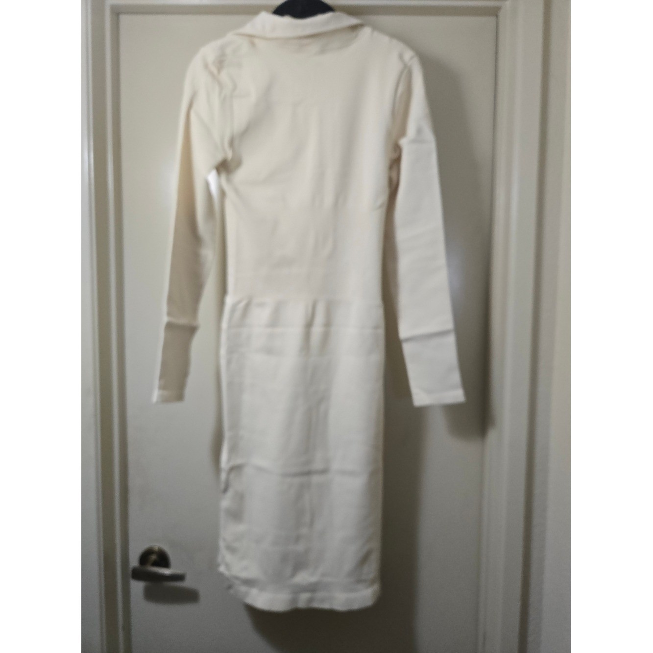 OQQ Cream Ribbed Zip Front Bodycon Midi Dress Long Sleeve Side Slit NWOT