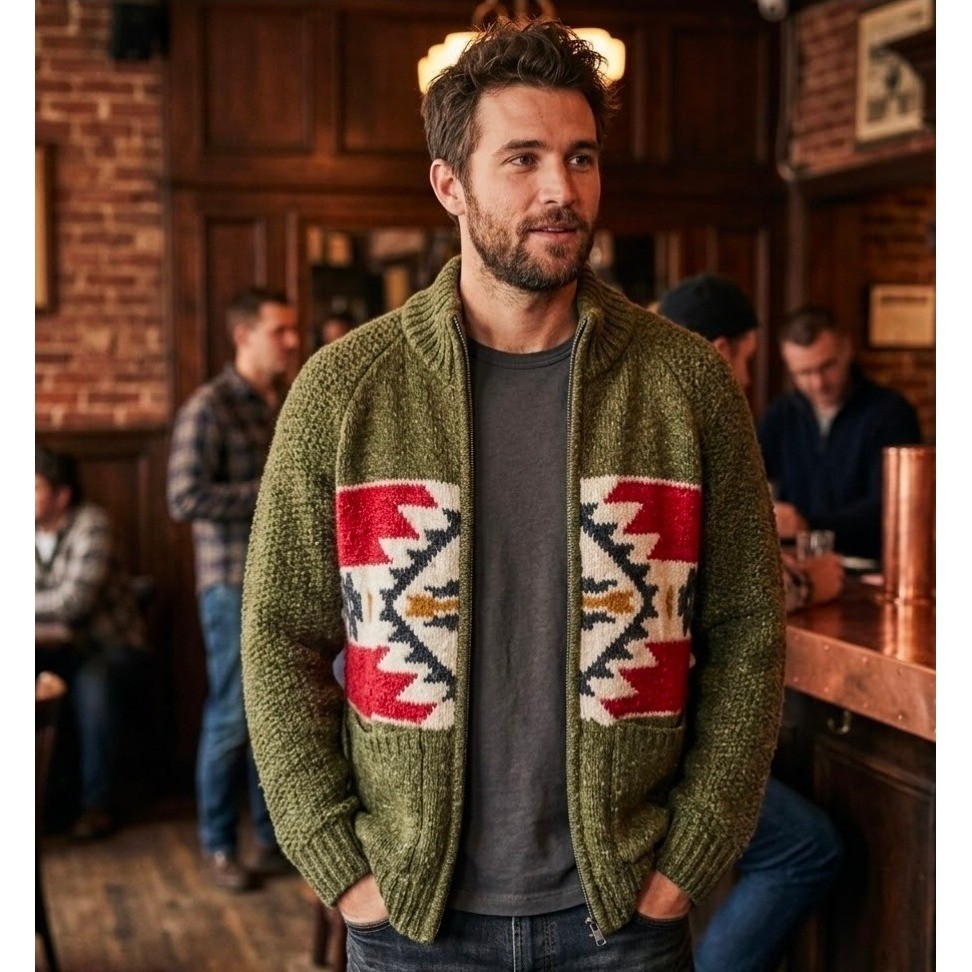 Lucky Brand Mens XL Green Southwestern Intarsia Full Zip Cardigan Sweater Rugged