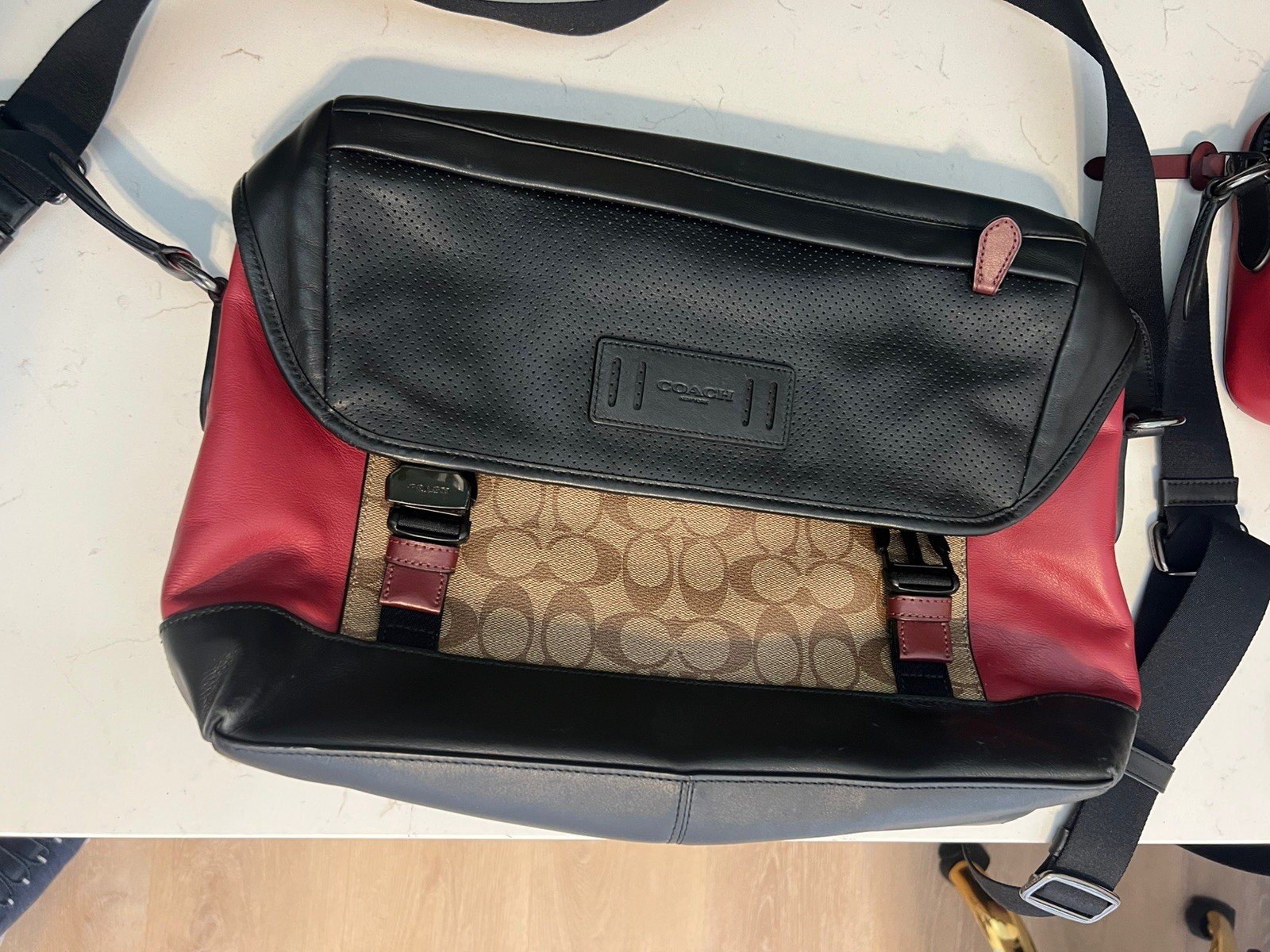 Coach Ranger Bag Red & Black Leather Jacuard Signature Coated Canvas Messenger