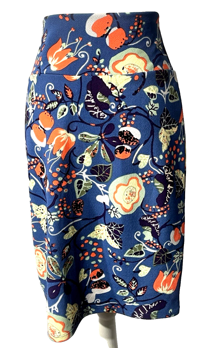 Lularoe Womens Whimsical Blue Floral Stretch Poly Blend Cassie Pencil Skirt Sz M