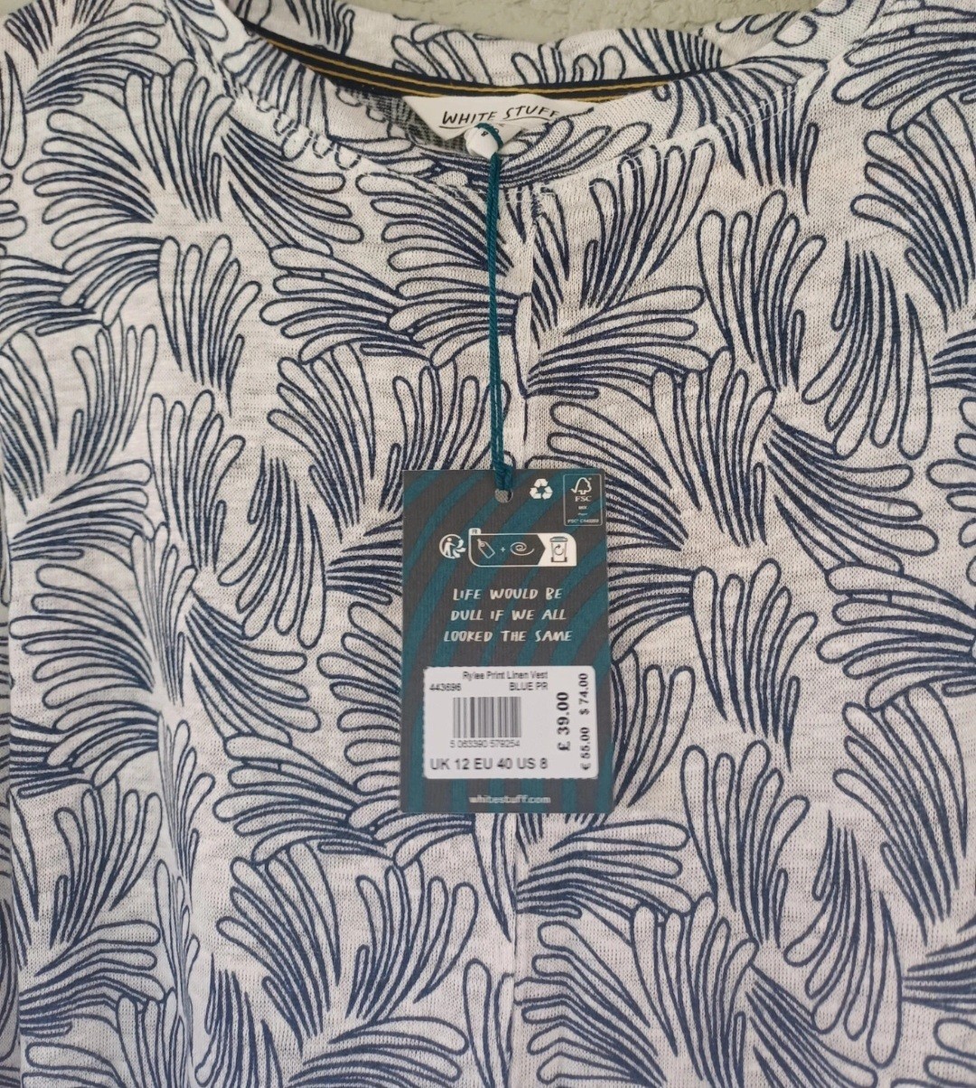 White Stuff Ladies Rylee Navy Print 100% Linen Vest Top Size 12