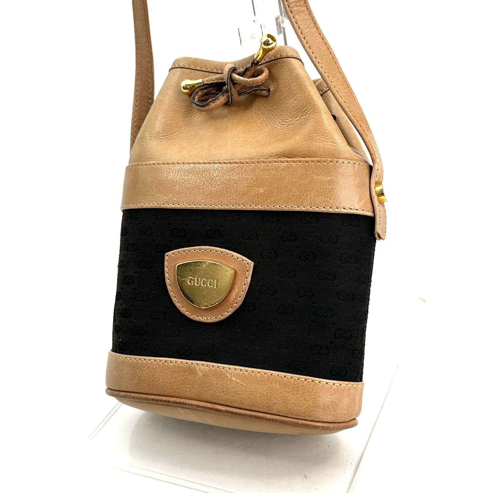 Gucci Vintage Black Brown Canvas Leather Drawstring Mini Bucket Bag Mcro GG Auth