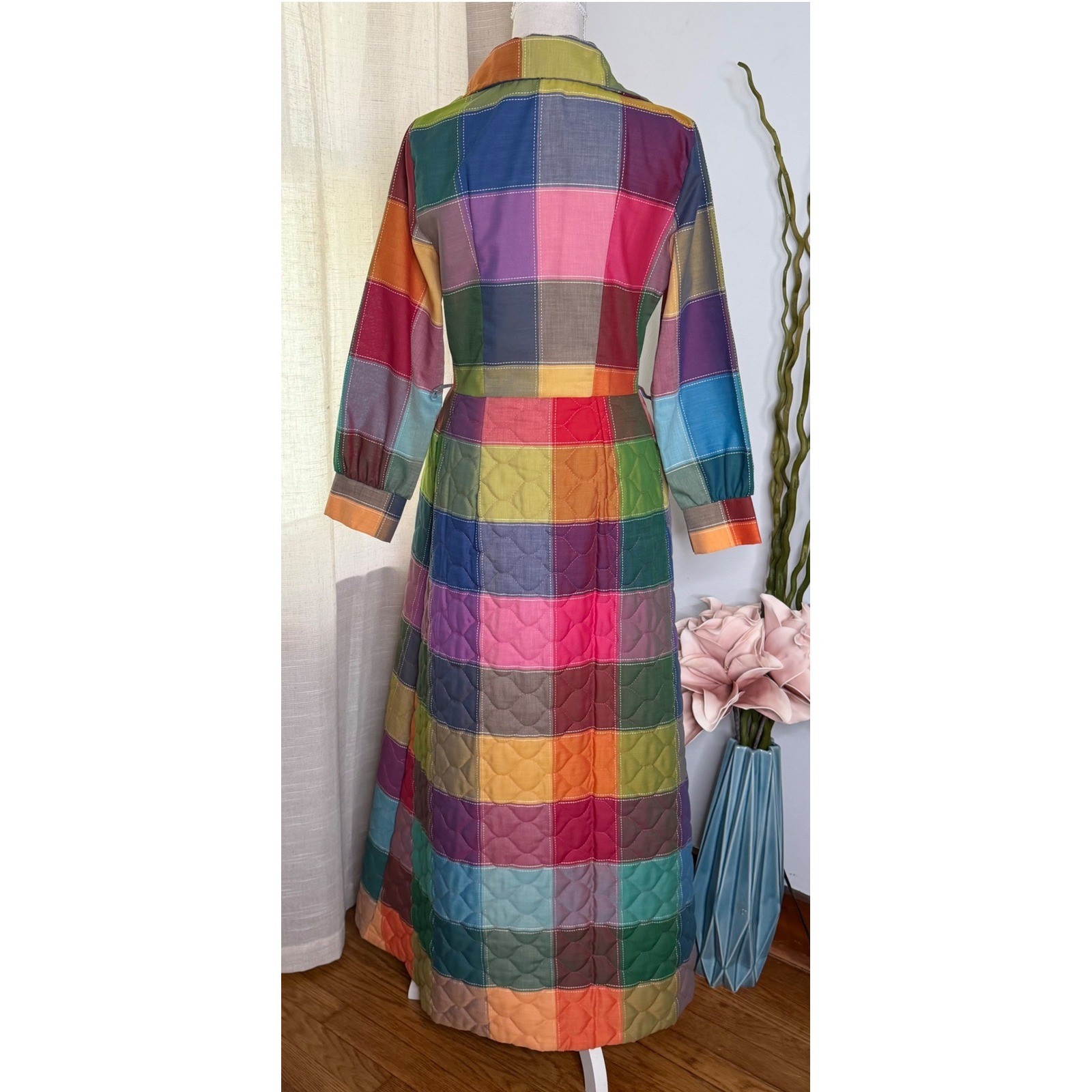 60s/70s Vintage Penneys Loungewear Quilted Rainbow Patchwork Maxi Dress Robe S