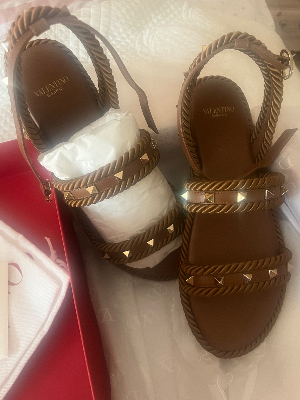 Valentino Garavani Rope and leather rockatud sandals- FULL SET NWT SIZE 37 brown