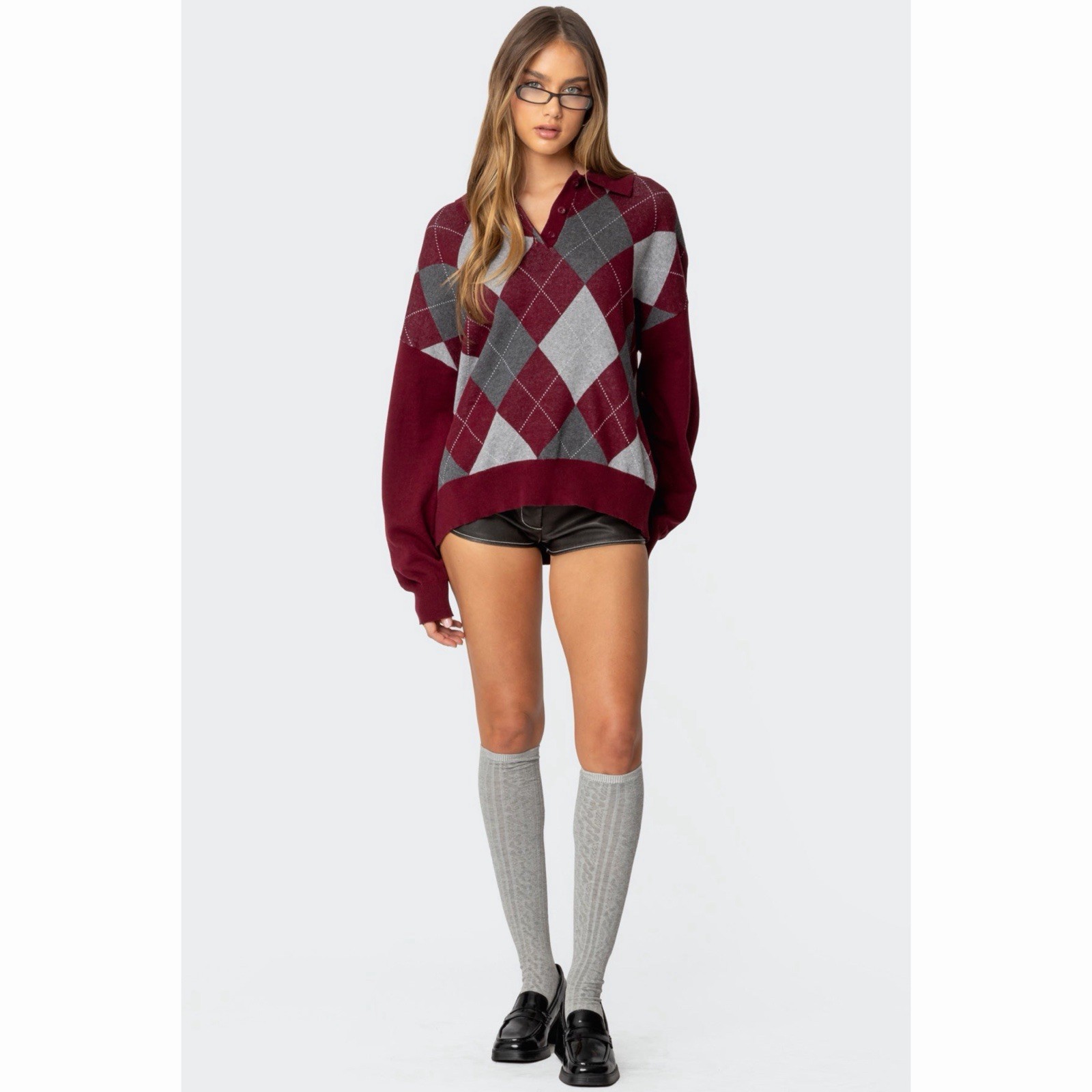 Edikted Argyle Oversized Polo Sweater Burgundy Dark Academia Preppy M