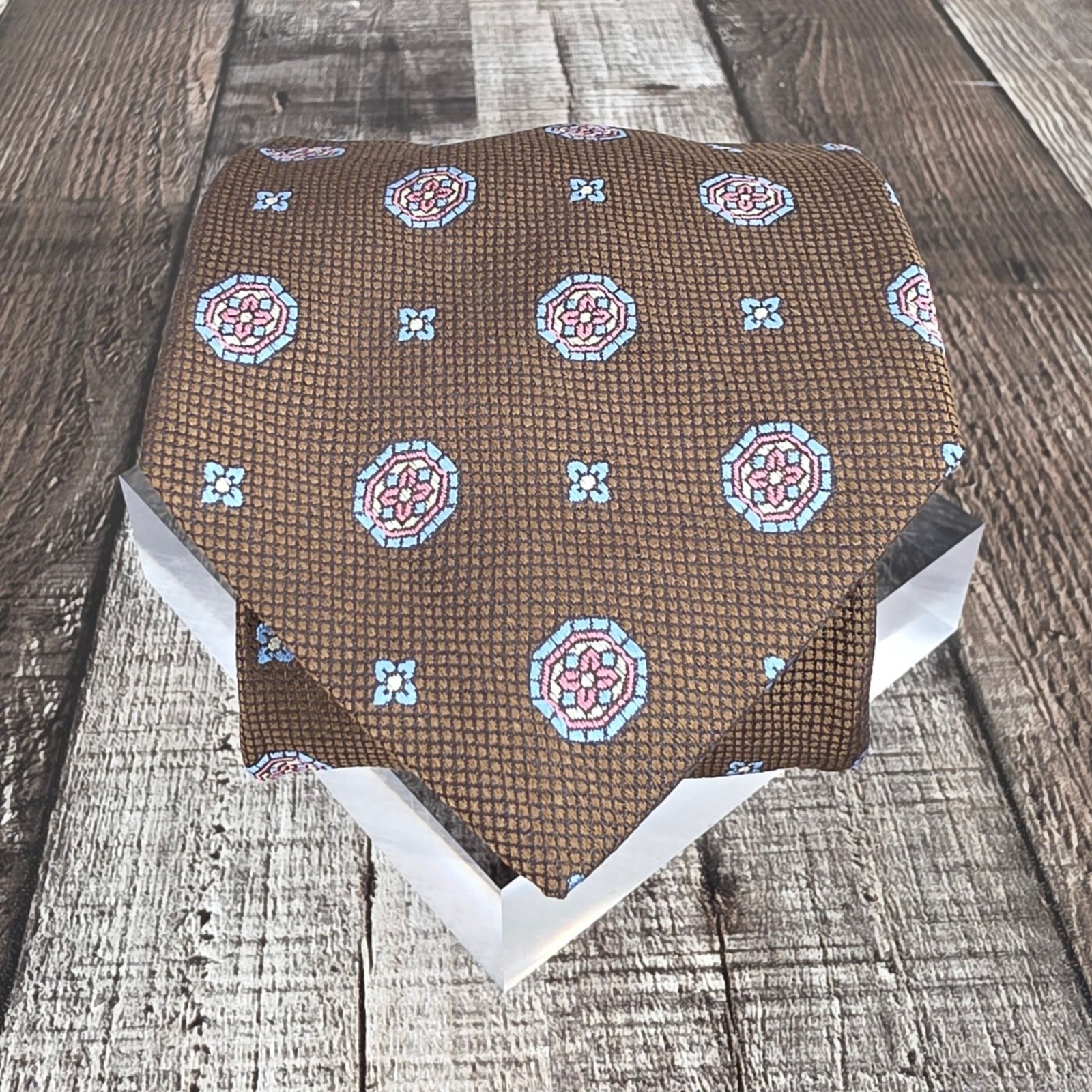 David Donahue Silk Tie Brown Blue Pink Floral Italy Gift Business Corpcore New