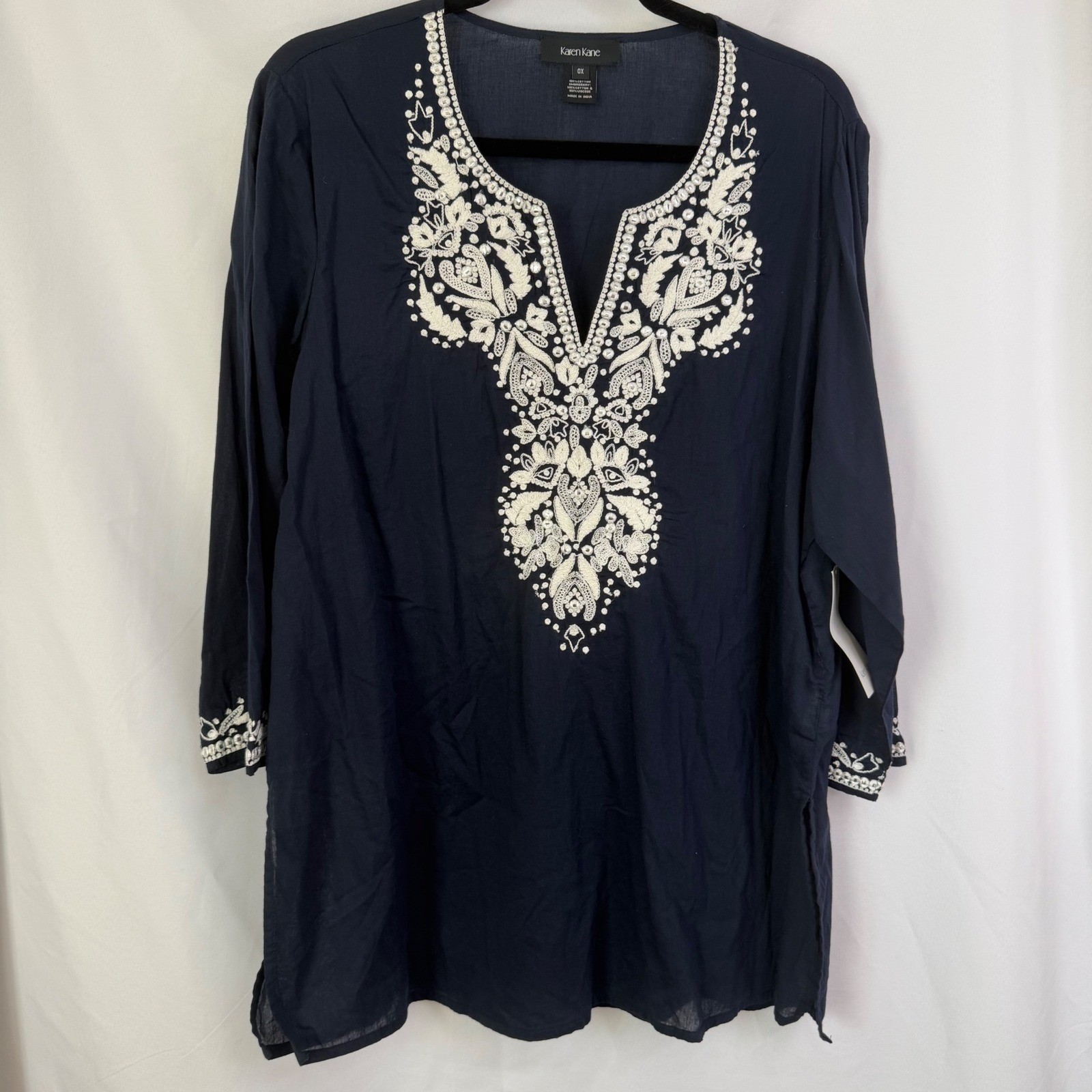 Karen Kane Embroidered Tunic Top Navy Blue 0X NWT Luxury Boho Chic $158