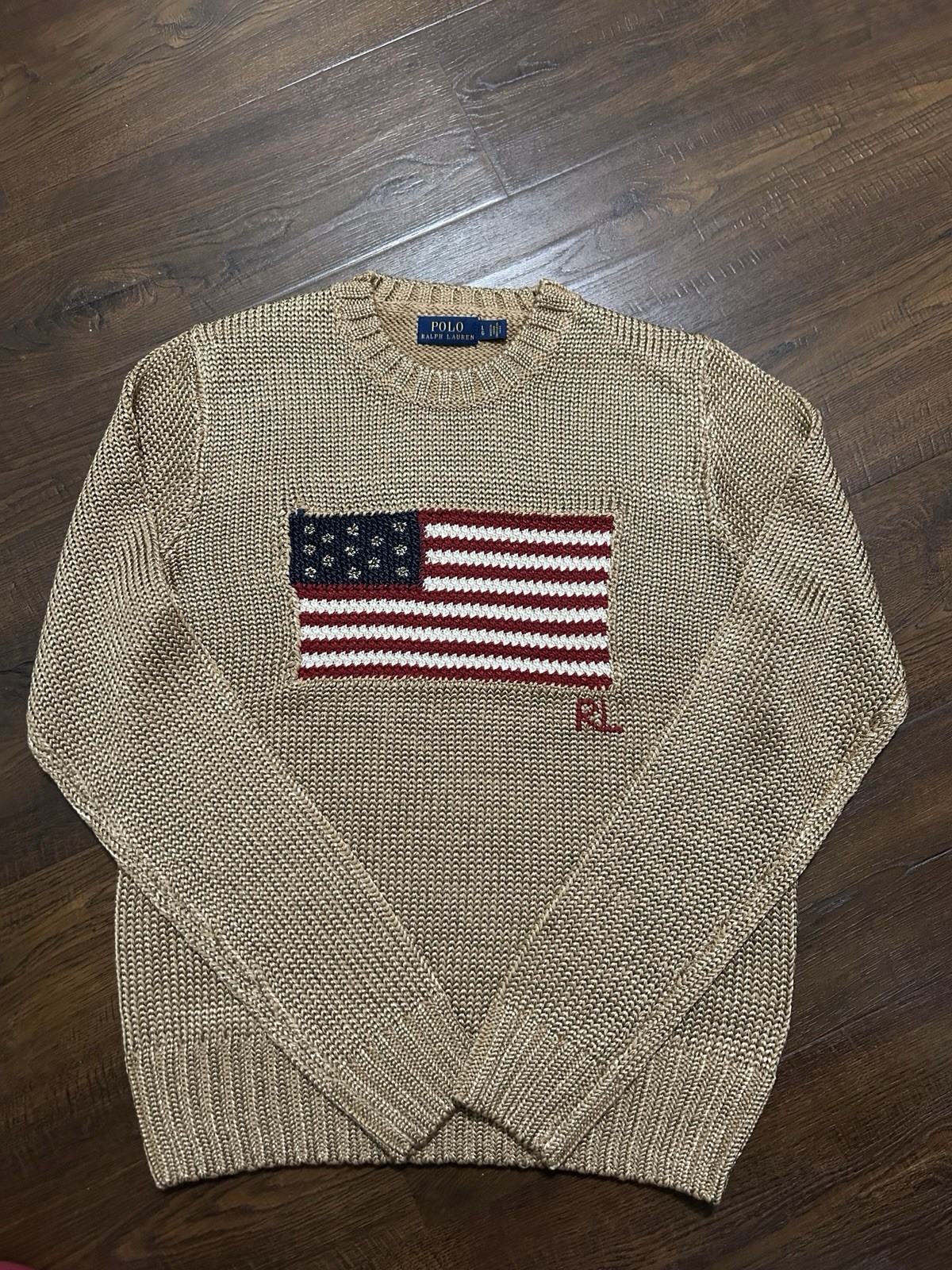 Size L. Polo Ralph Lauren Gold Knit Sweater American Flag Embroidery