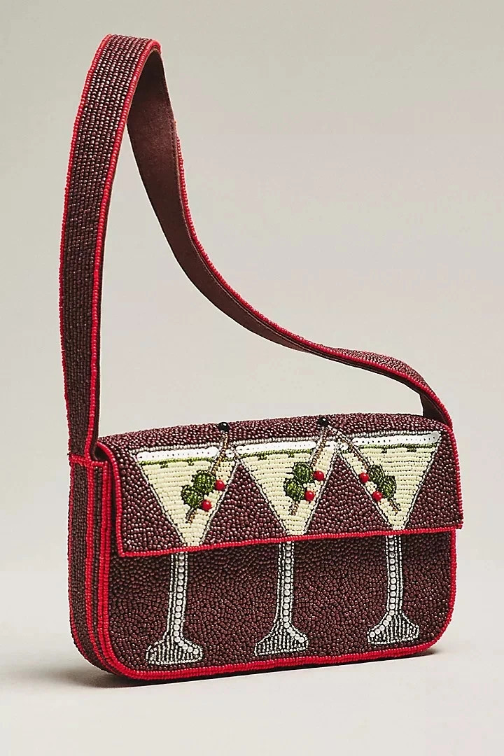 NWT ANTHROPOLOGIE FIONA BEADED BAG PURSE FOOD & DRINK EDITION Maroon Martini
