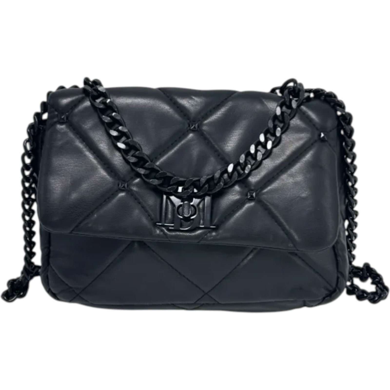 Badgley Mischka Black Quilted Chain Strap Crossbody Faux Leather Dark Feminine