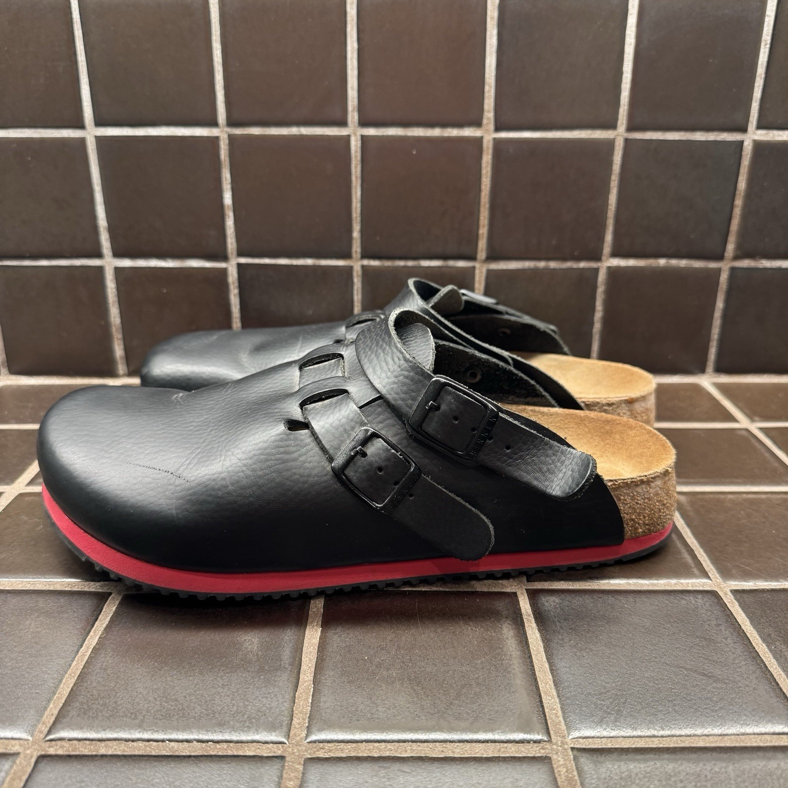BIRKENSTOCK KAY SL BLACK RED MEDIUM NARROW WIDTH PROFESSIONAL LEATHER SABOT SOFT