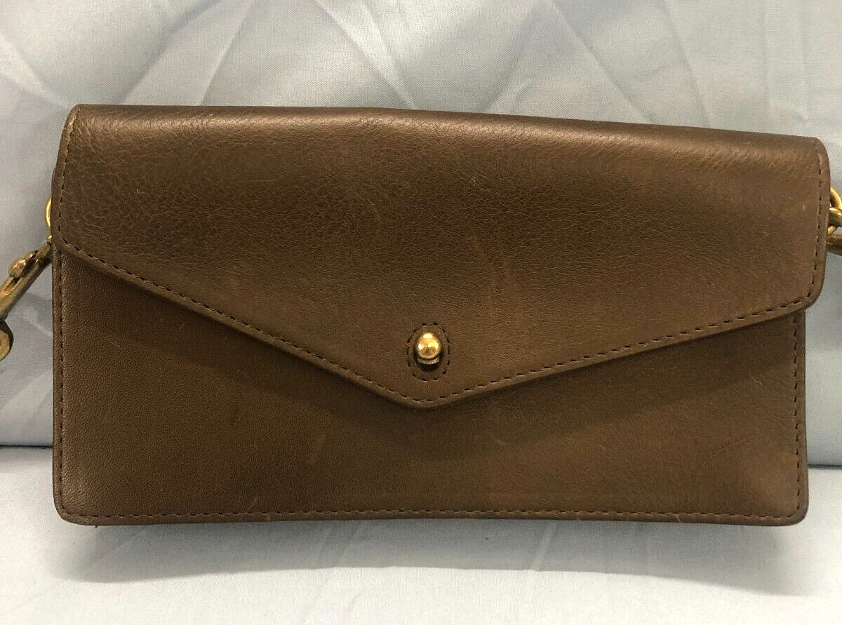 LIANCA CENTRAL Hong Kong BROWN LEATHER Brass Hardware CROSSBODY WALLET CLUTCH