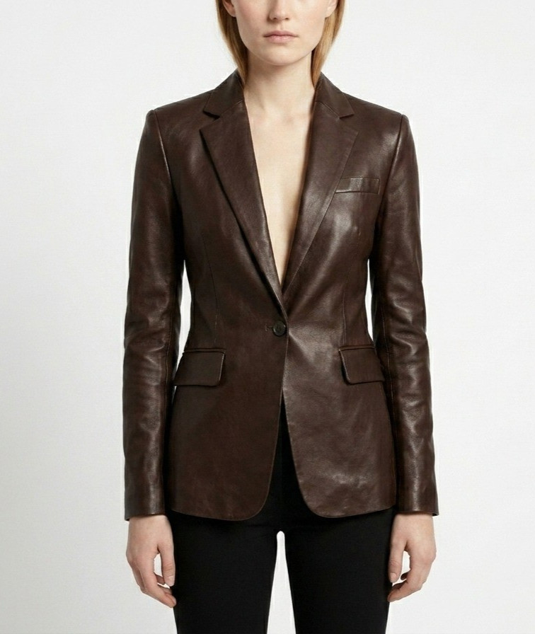 Brown Genuine Leather Blazer Coat, Womens Formal Office Business Jacket Chic