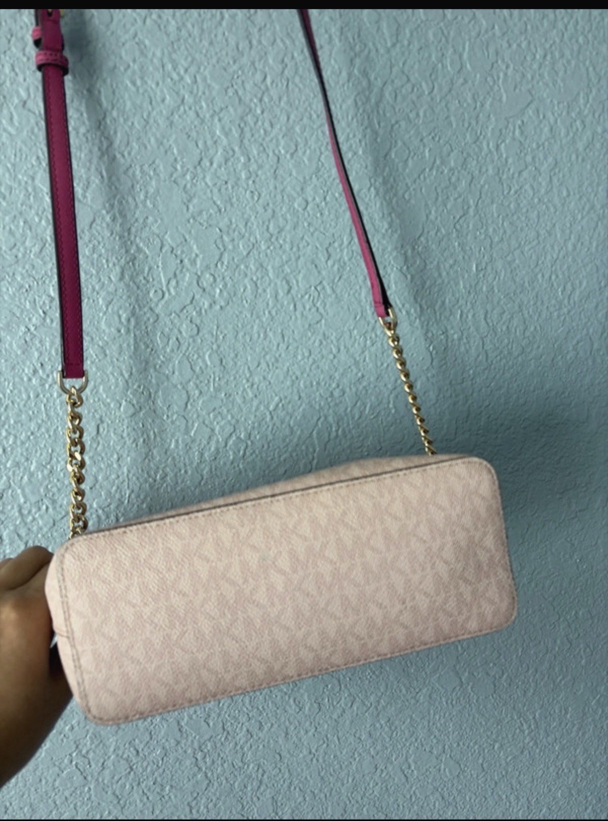 Michael Kors Pink Logo Zip Crossbody Bag Gold Chain Detachable Strap Small