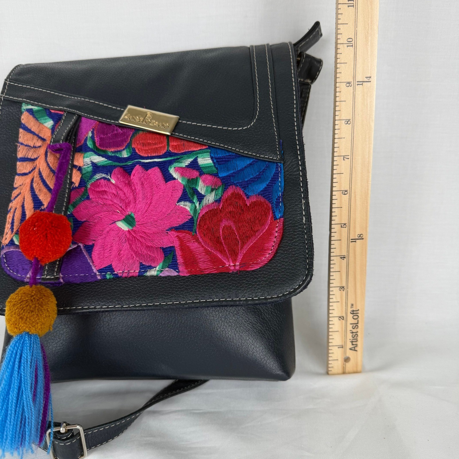 Angelozano Mexican Leather Crossbody Bag Floral Embroidered Tassel Black Boho