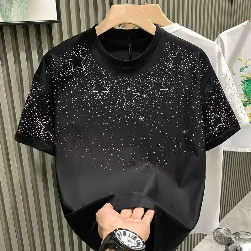 Summer Rhinestone Rivet T-shirt for Men Clothing Round Neck Casual T-shirt