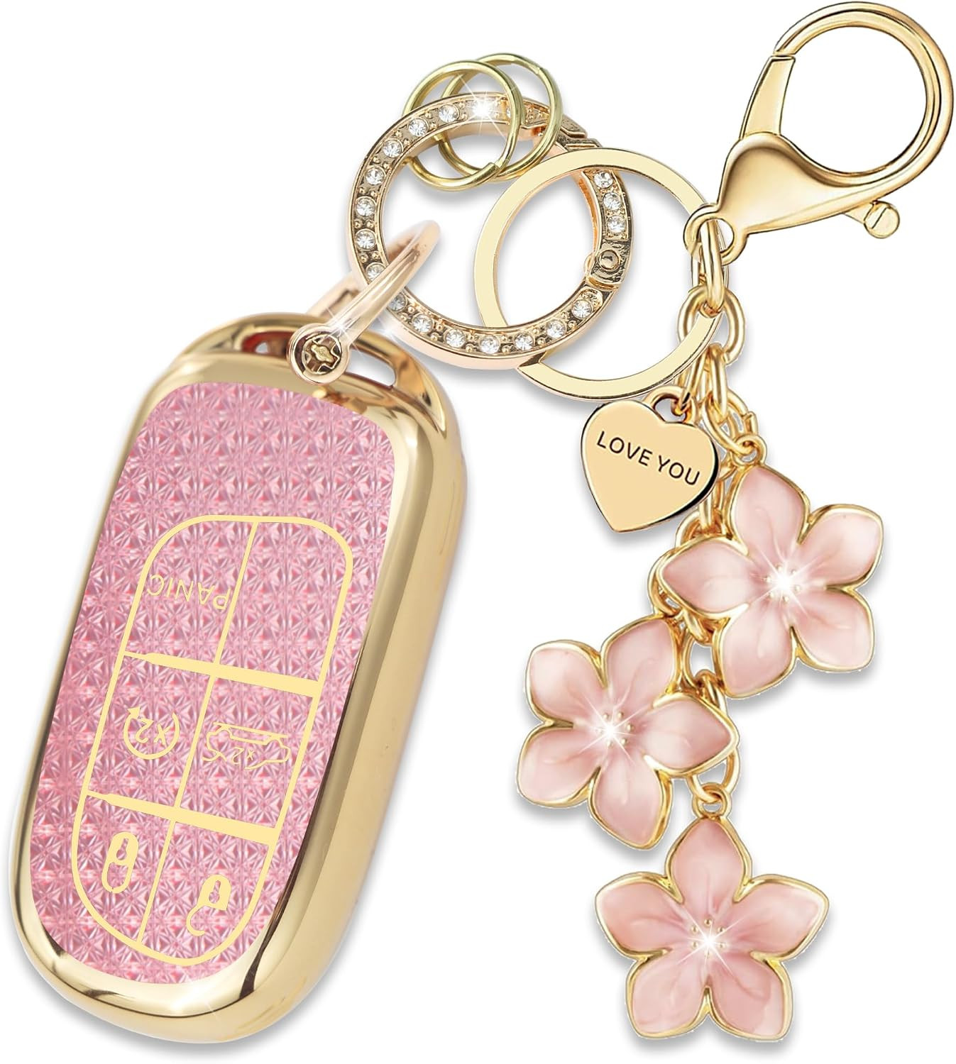 Pink TPU Key Fob Cover with Sakura Flower Keychain Compatible with Jeep Compass