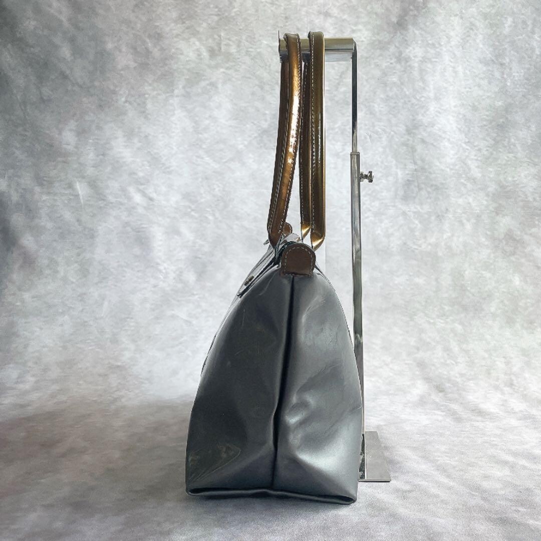 Longchamp Le Pliage Metallic Silver Gray Embossed Logo Tote Brown Trim Y2K Auth