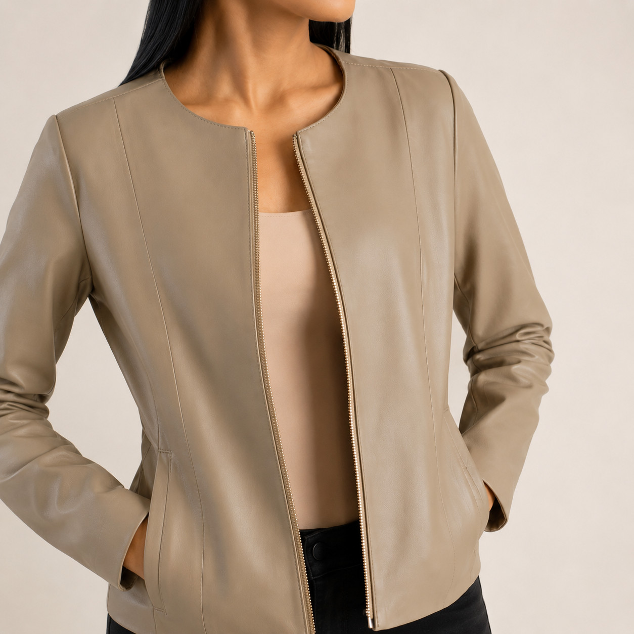 Women’s Beige Faux Leather Jacket Zip Up Slim Fit Casual Biker Moto Coat