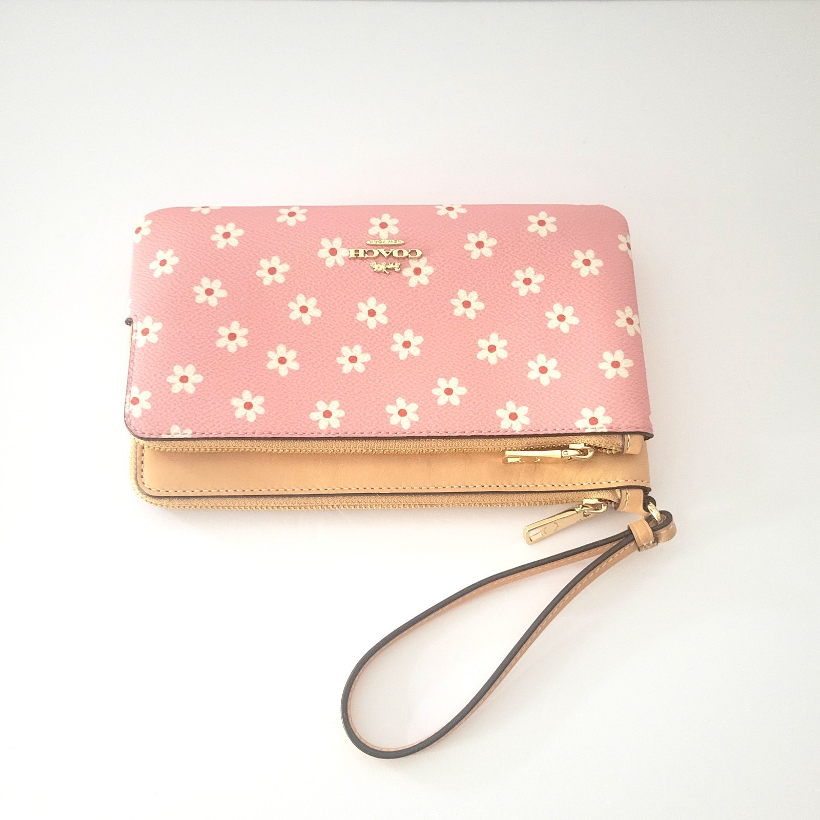 Coach CEY48 Double Zip Wallet Floral Coated Canvas Leather Wristlet Pink Clutch