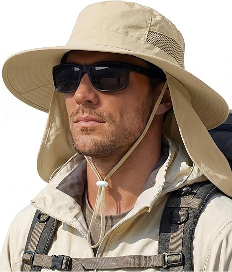 Men’s Wide Brim Sun Hat with Neck Flap UV Protection Fishing Hiking