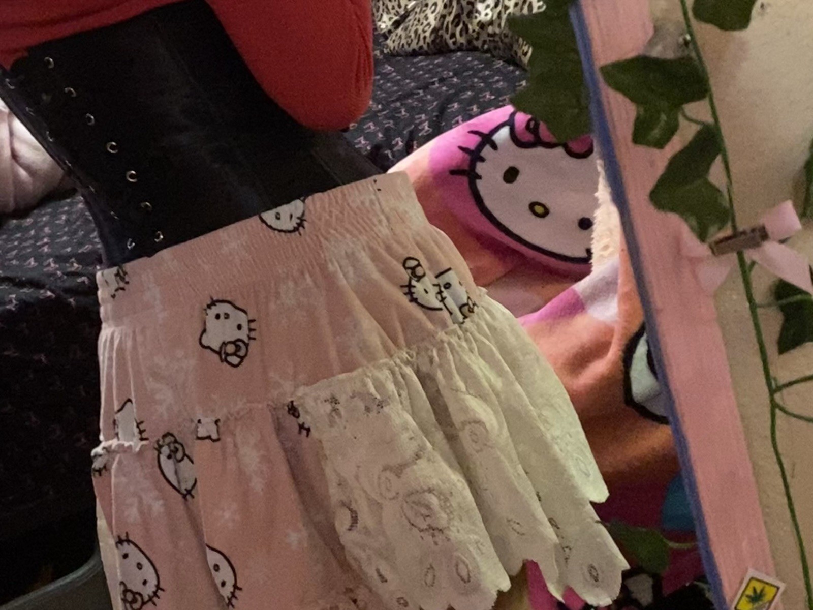 Handmade Warm Hello Kitty Sanrio Coquette White and Pink Lace Skirt With Bow