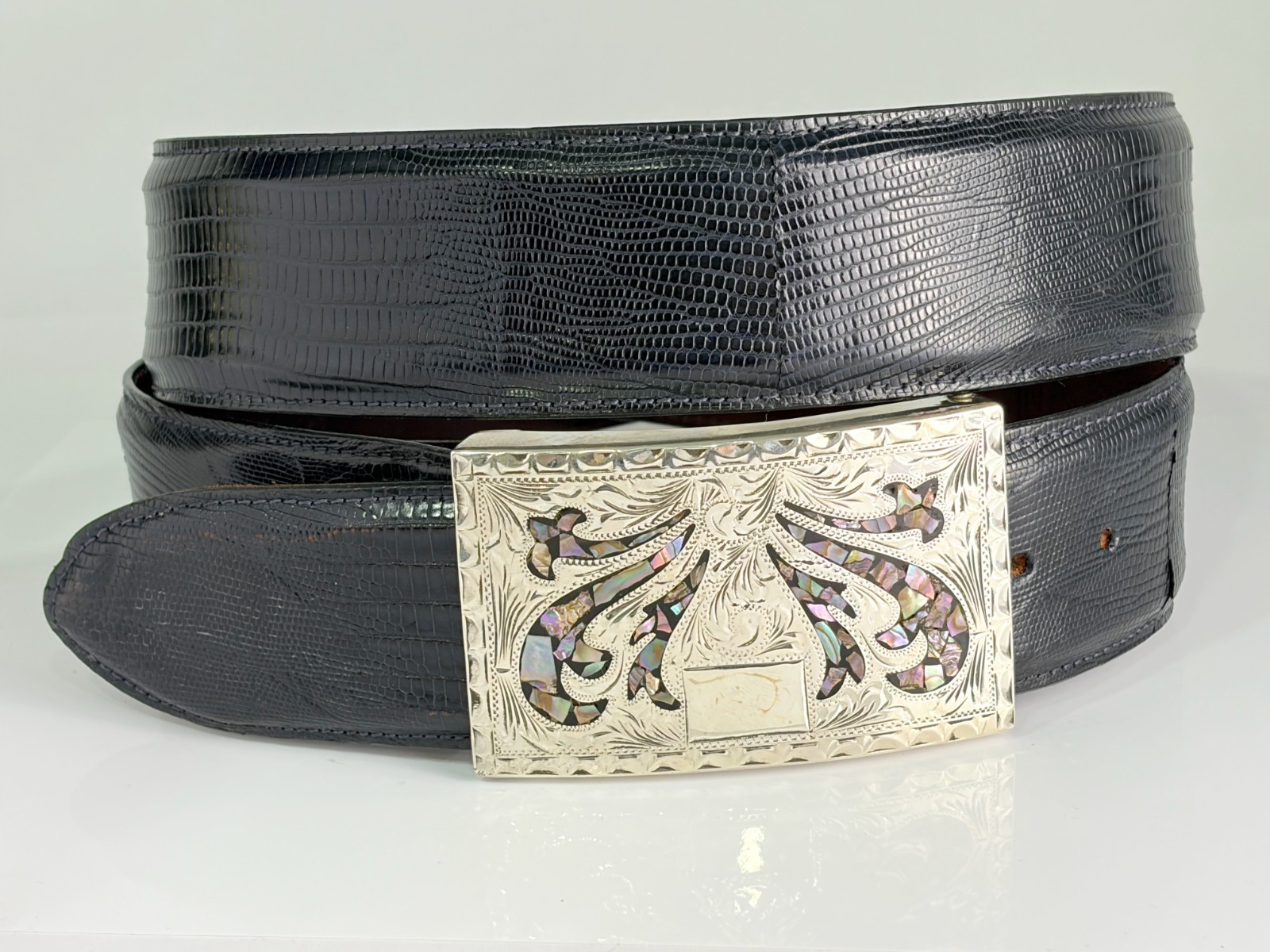 Plata De Jalisco Sterling Silver MOP .925 Belt Buckle Genuine Lizard 38 Maida’s